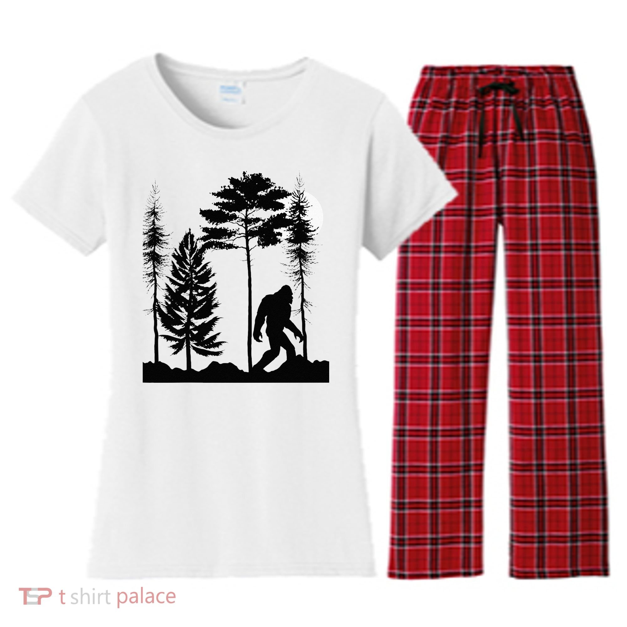 Bigfoo Bigfoot Hiding In Forest At Night Sasquatch Women's Flannel Pajama Set