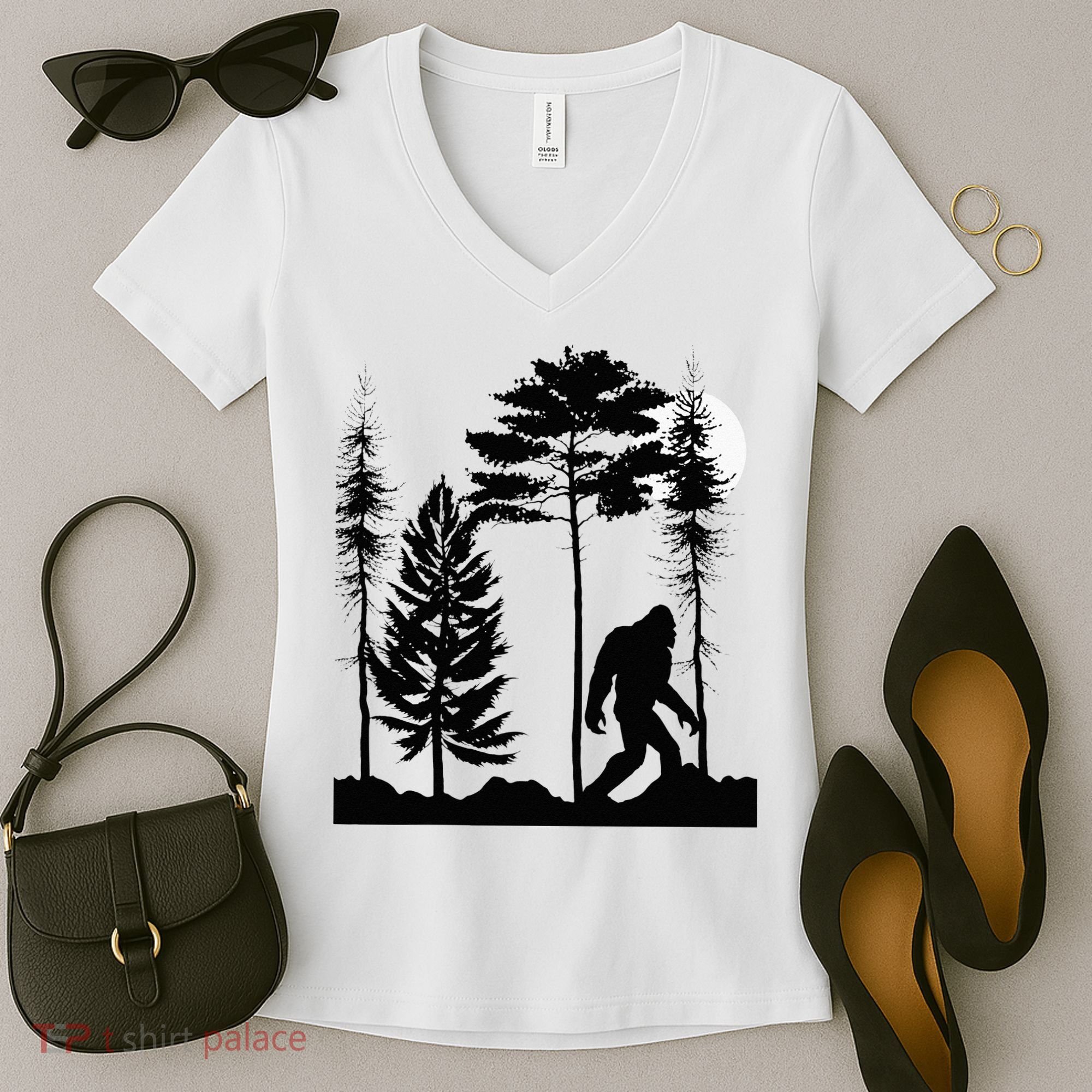 Bigfoo Bigfoot Hiding In Forest At Night Sasquatch Women's V-Neck T-Shirt