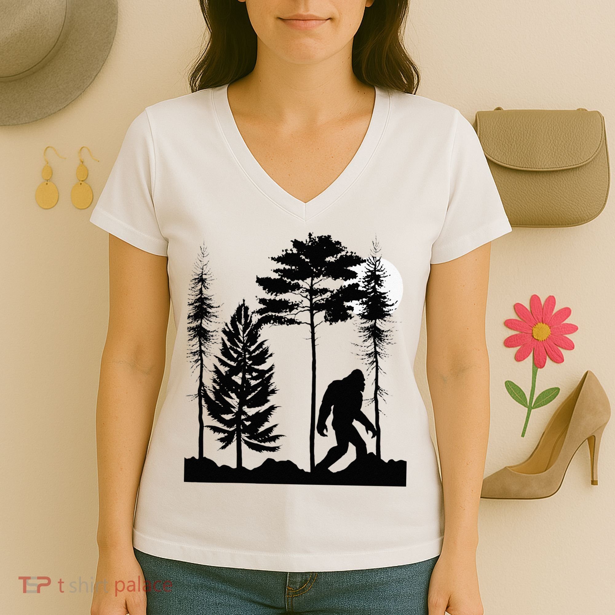 Bigfoo Bigfoot Hiding In Forest At Night Sasquatch Women's V-Neck T-Shirt