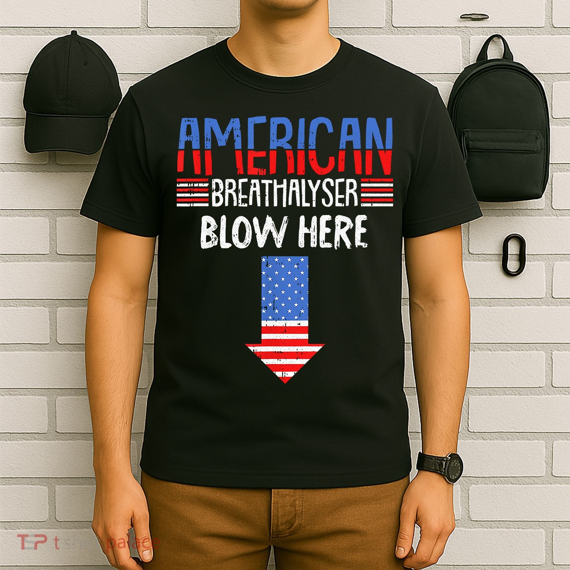 Breathalyzer Blow Here Funny 4th Of July Funny American Flag T-Shirt