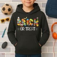 Block Building Halloween Brick Or Treat Master Builder Kids Hoodie thumb 2