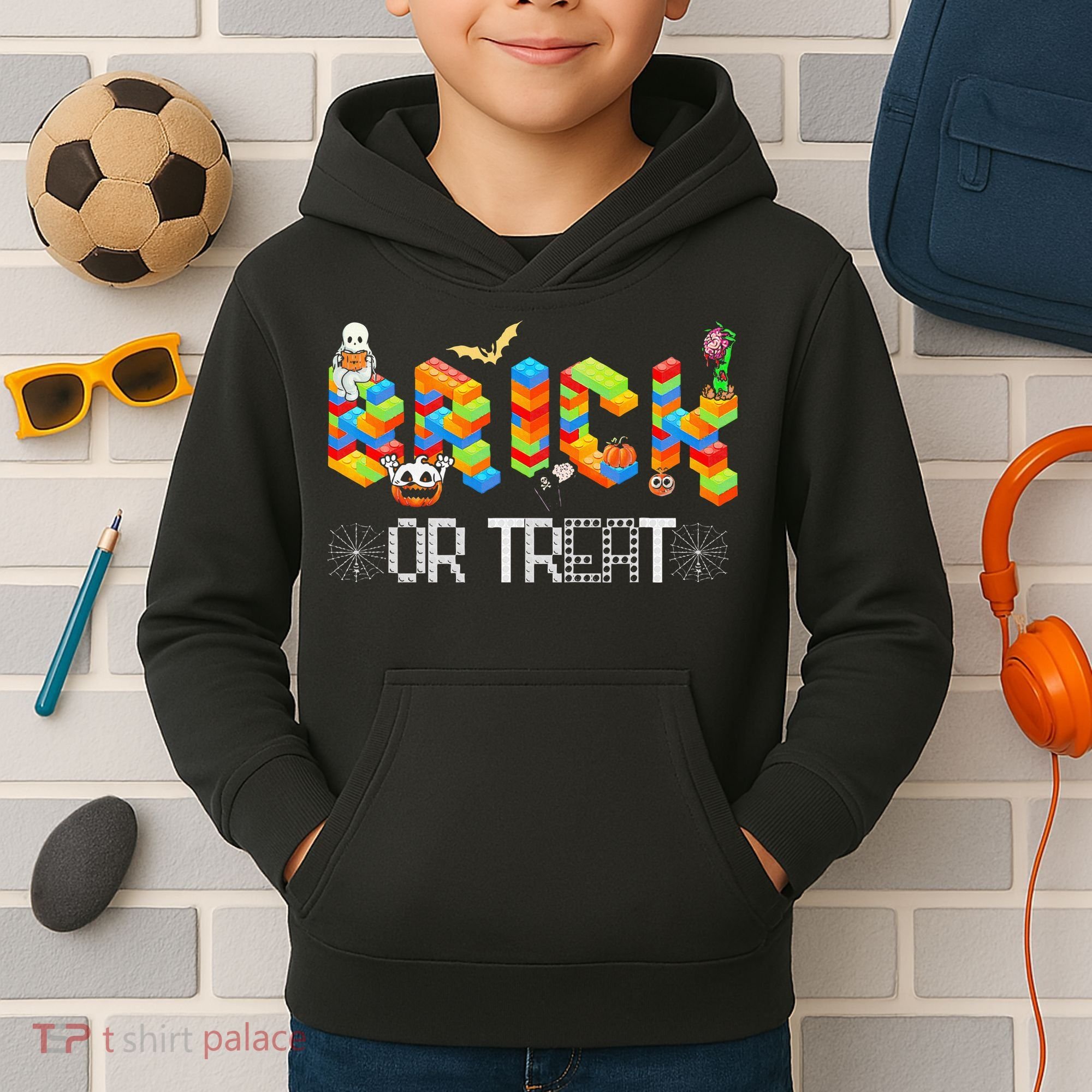 Block Building Halloween Brick Or Treat Master Builder Kids Hoodie