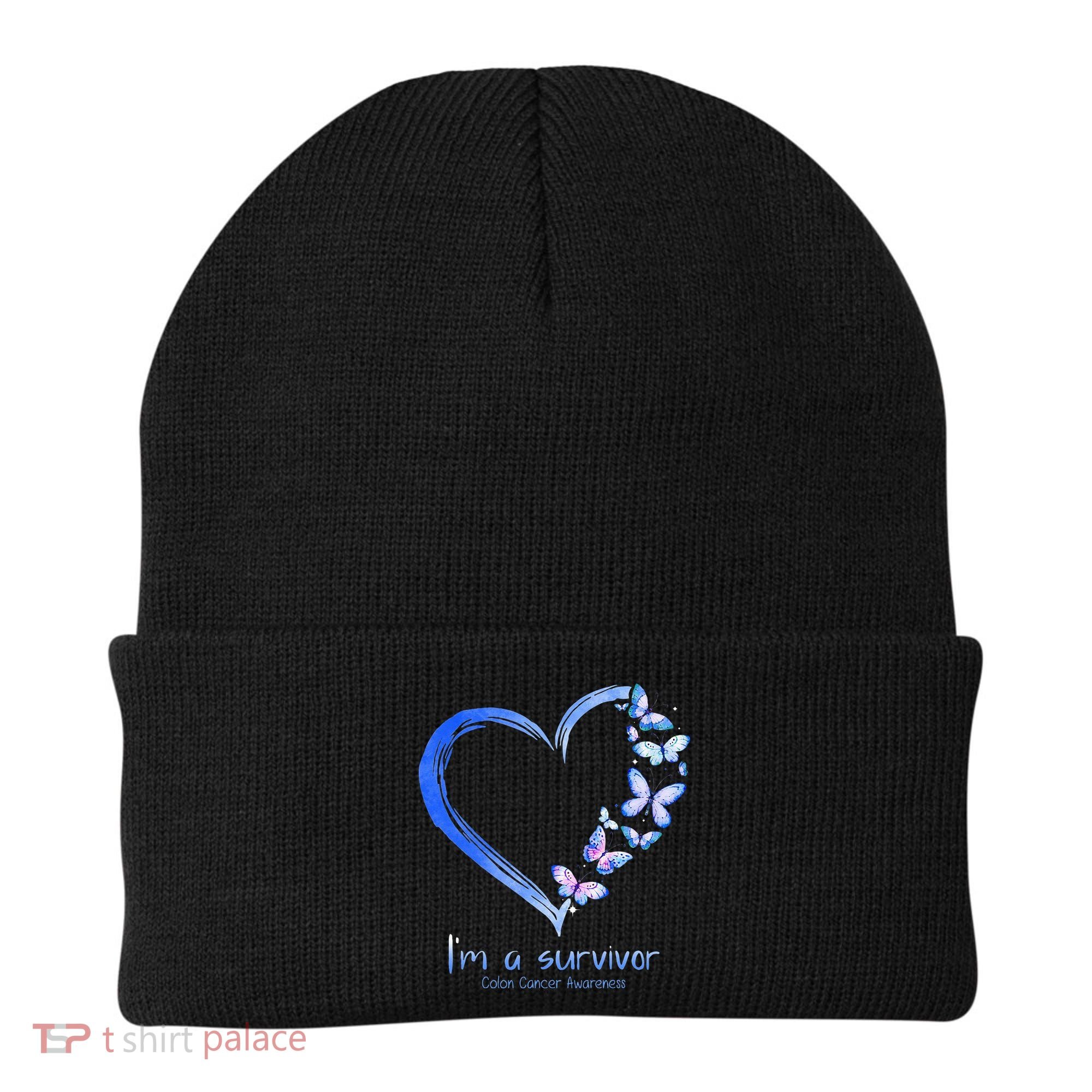 Blue Butterfly Heart Im A Survivor Colon Cancer Awareness Beanie