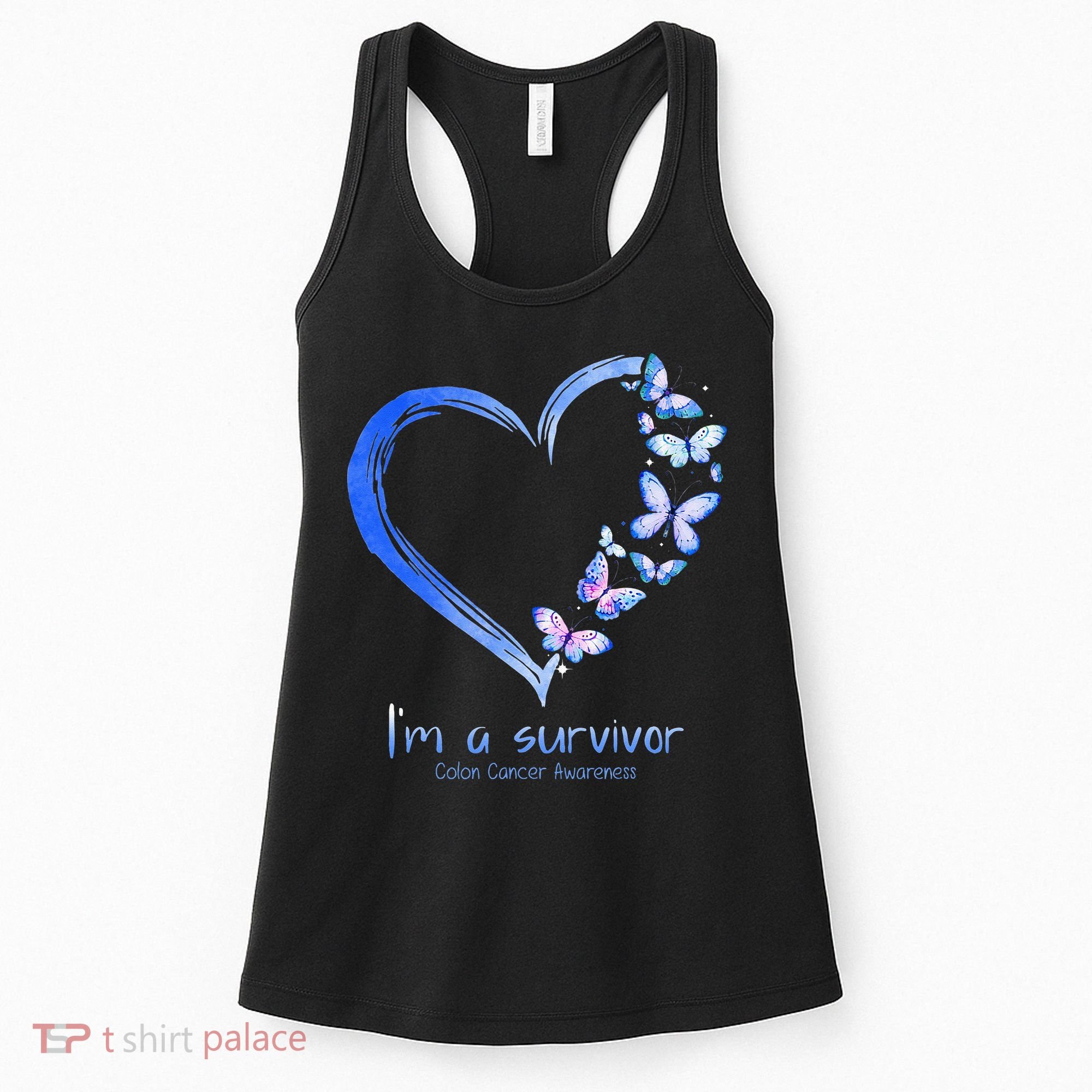 Blue Butterfly Heart Im A Survivor Colon Cancer Awareness Women's Tank Top