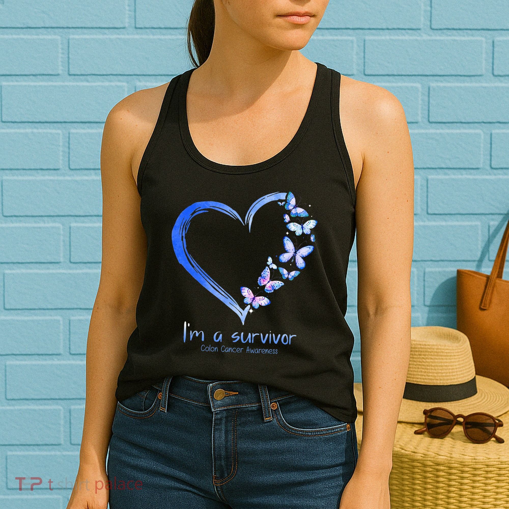 Blue Butterfly Heart Im A Survivor Colon Cancer Awareness Women's Tank Top