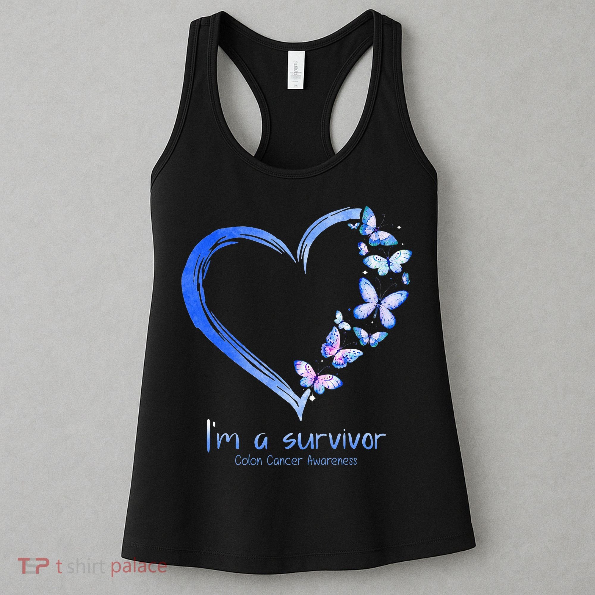 Blue Butterfly Heart Im A Survivor Colon Cancer Awareness Women's Tank Top
