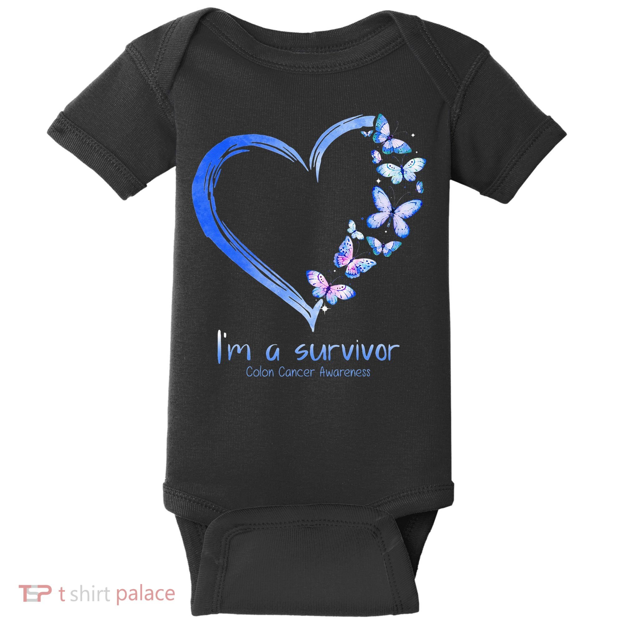 Blue Butterfly Heart Im A Survivor Colon Cancer Awareness Baby Bodysuit