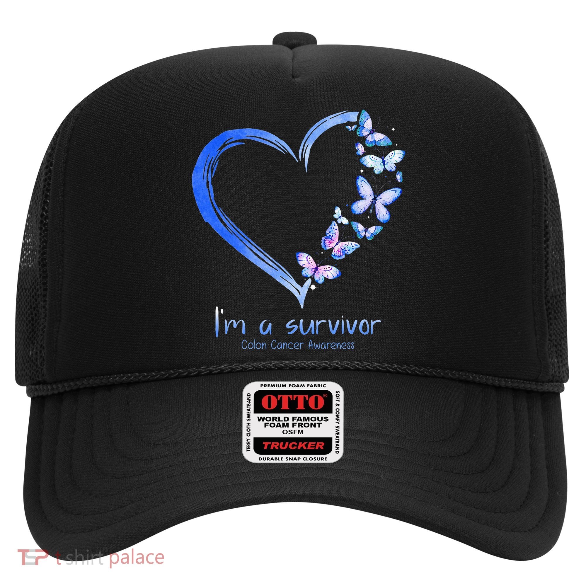 Blue Butterfly Heart Im A Survivor Colon Cancer Awareness Hat