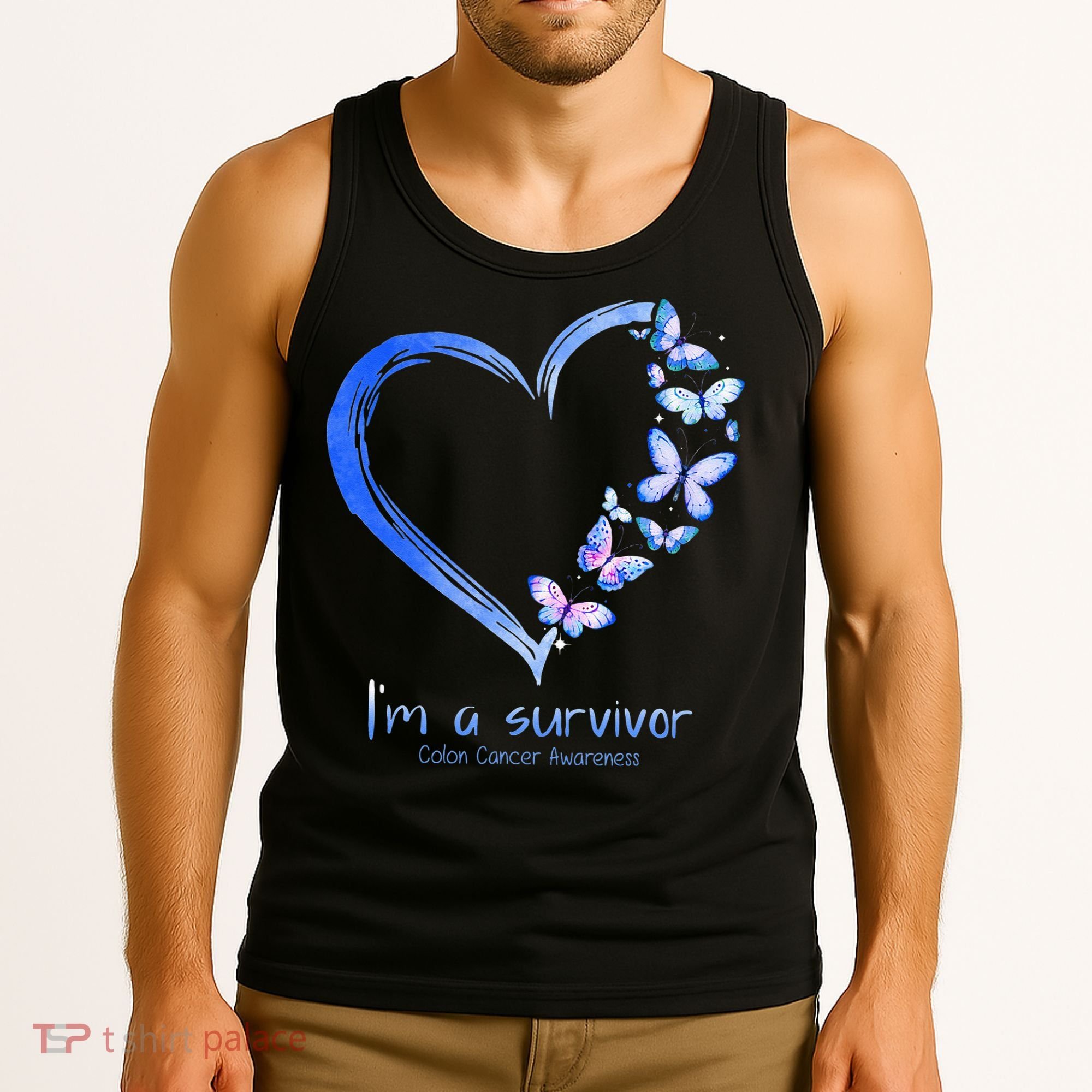 Blue Butterfly Heart Im A Survivor Colon Cancer Awareness Tank Top