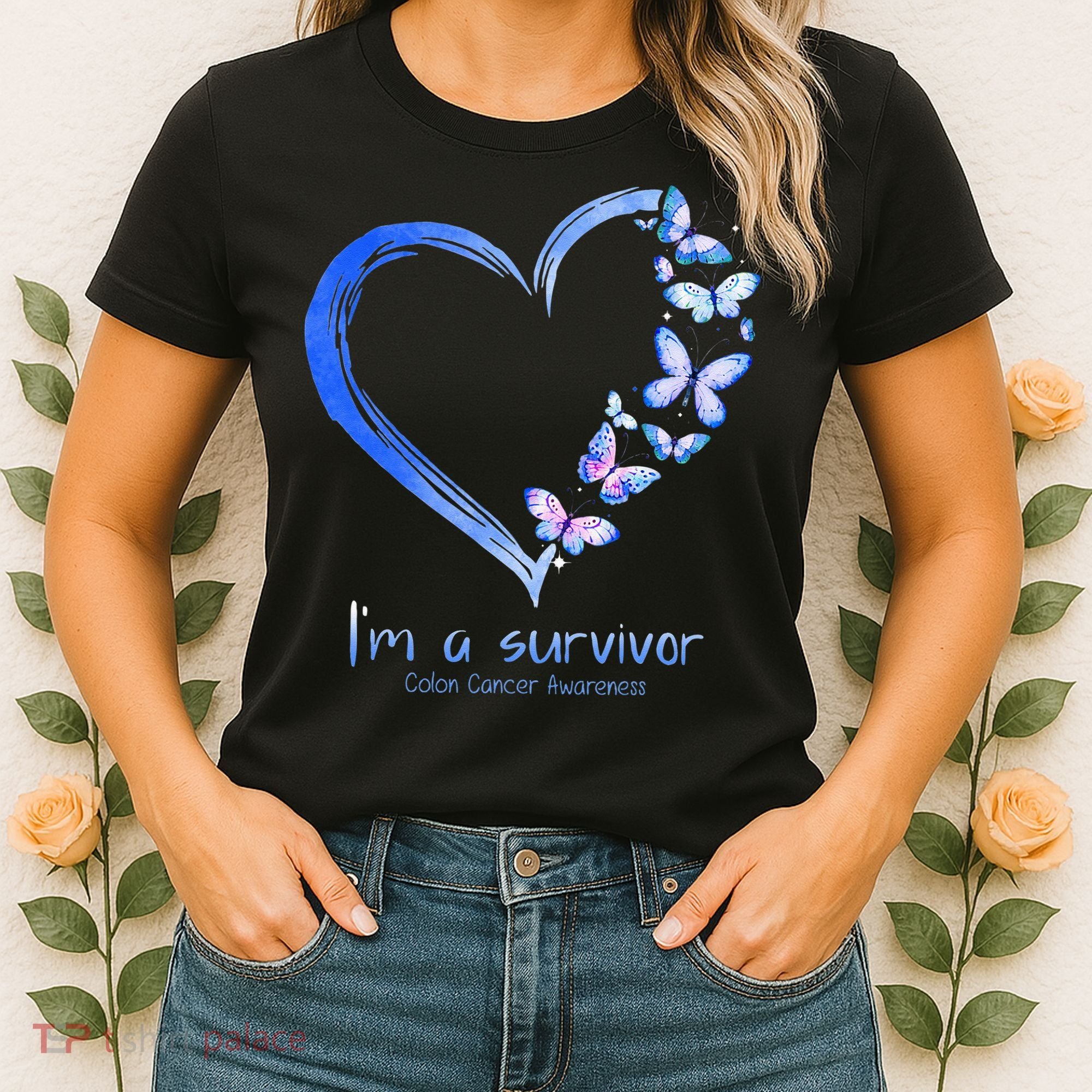Blue Butterfly Heart Im A Survivor Colon Cancer Awareness Women's T-Shirt