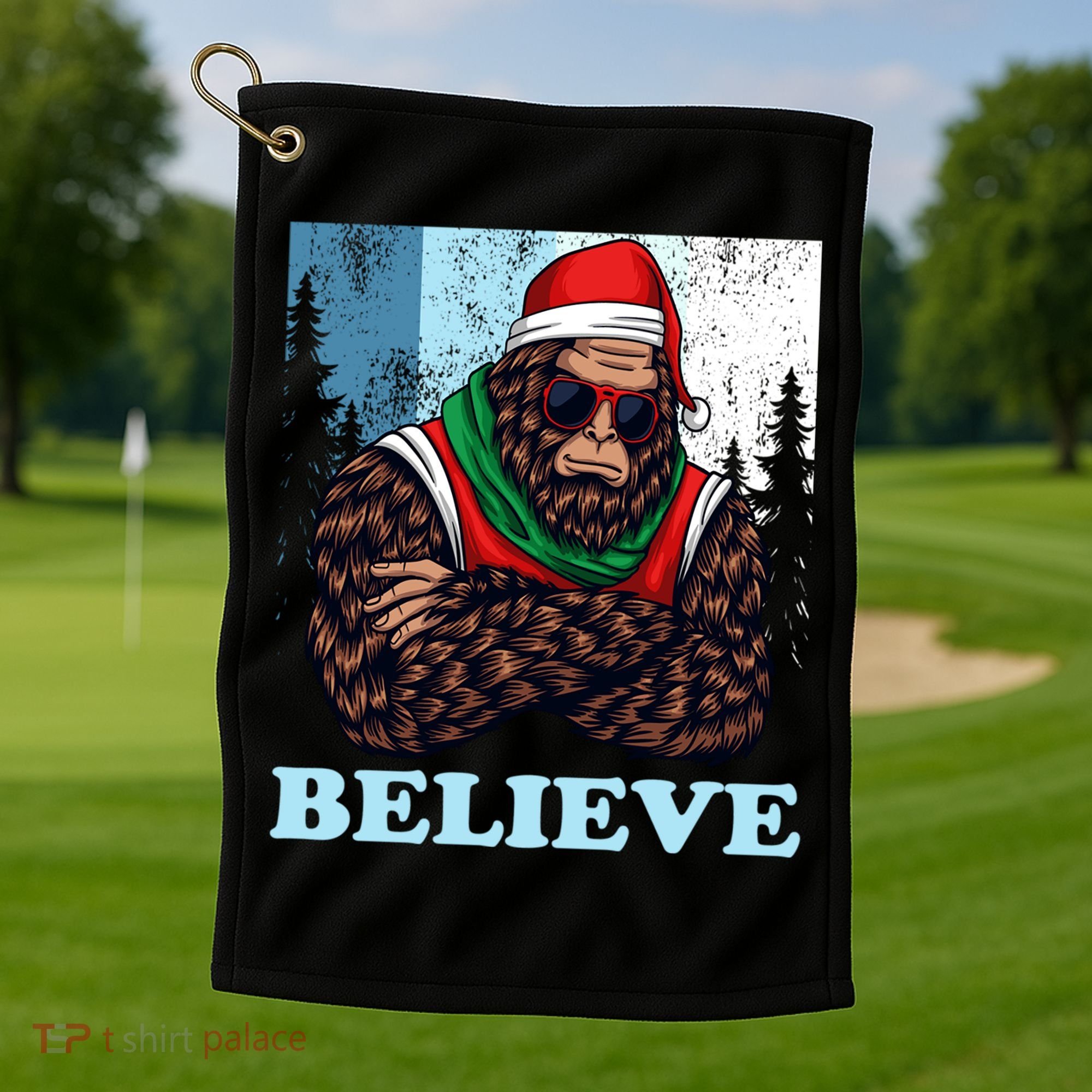 Bigfoot Believe In Christmas Sasquatch Funny Xmas Gift Golf Towel