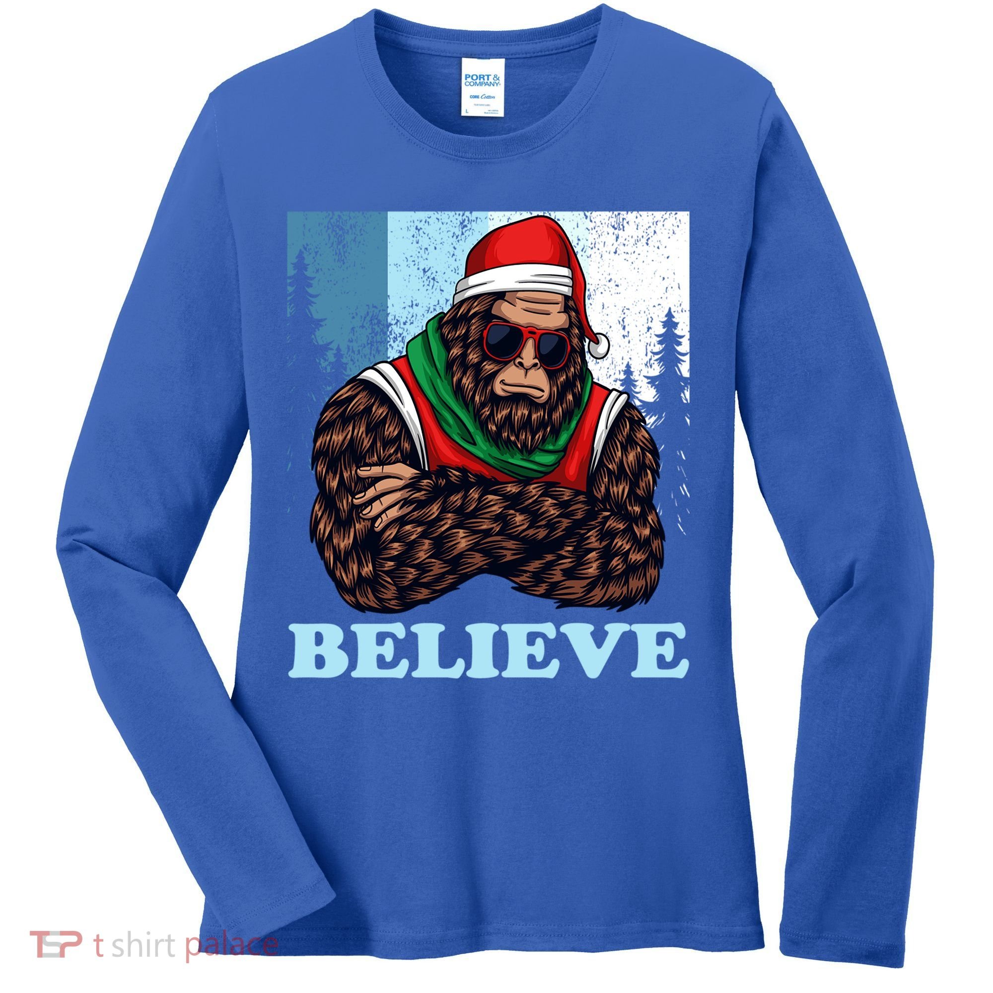 Bigfoot Believe In Christmas Sasquatch Funny Xmas Gift Women's Long Sleeve Shirt