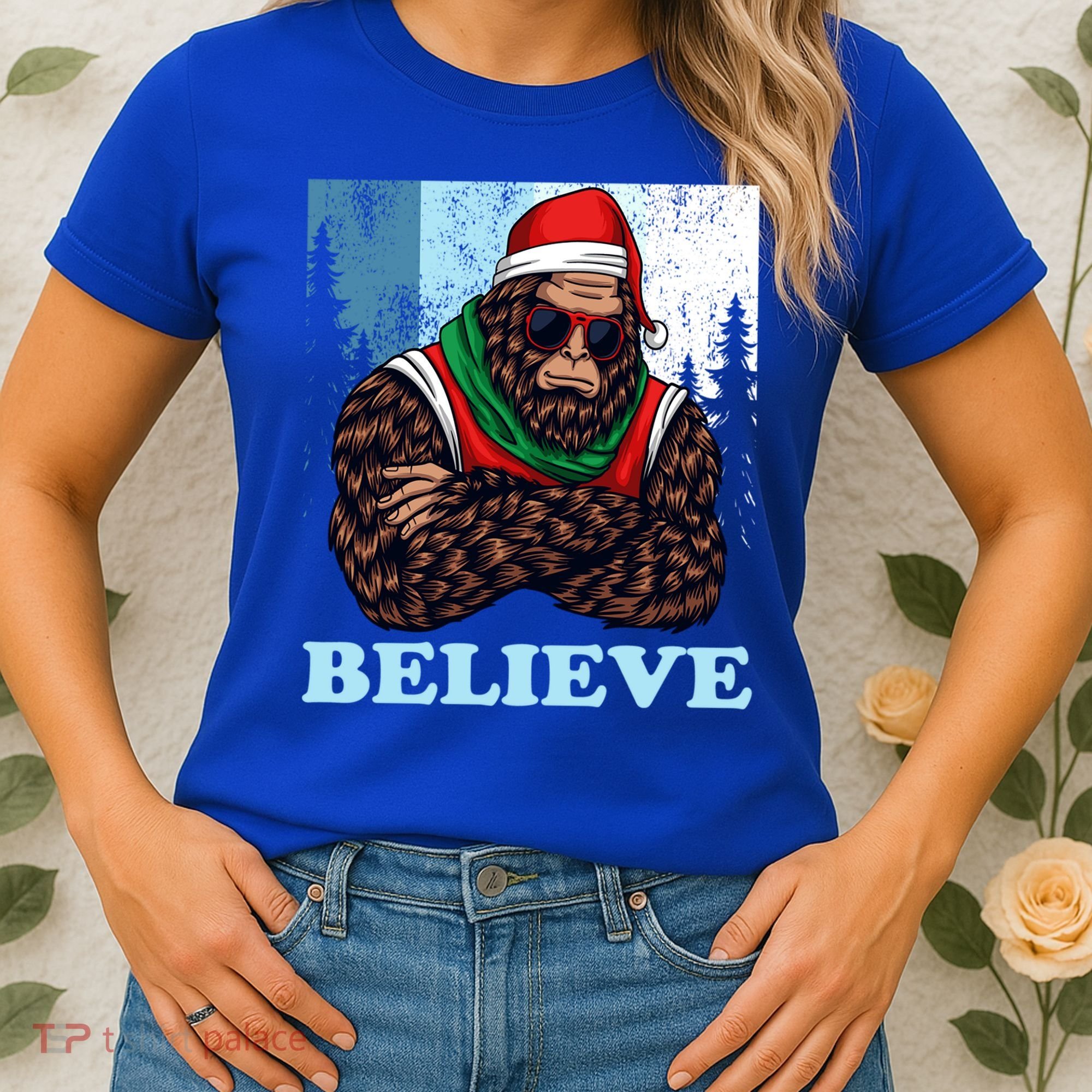 Bigfoot Believe In Christmas Sasquatch Funny Xmas Gift Women's T-Shirt