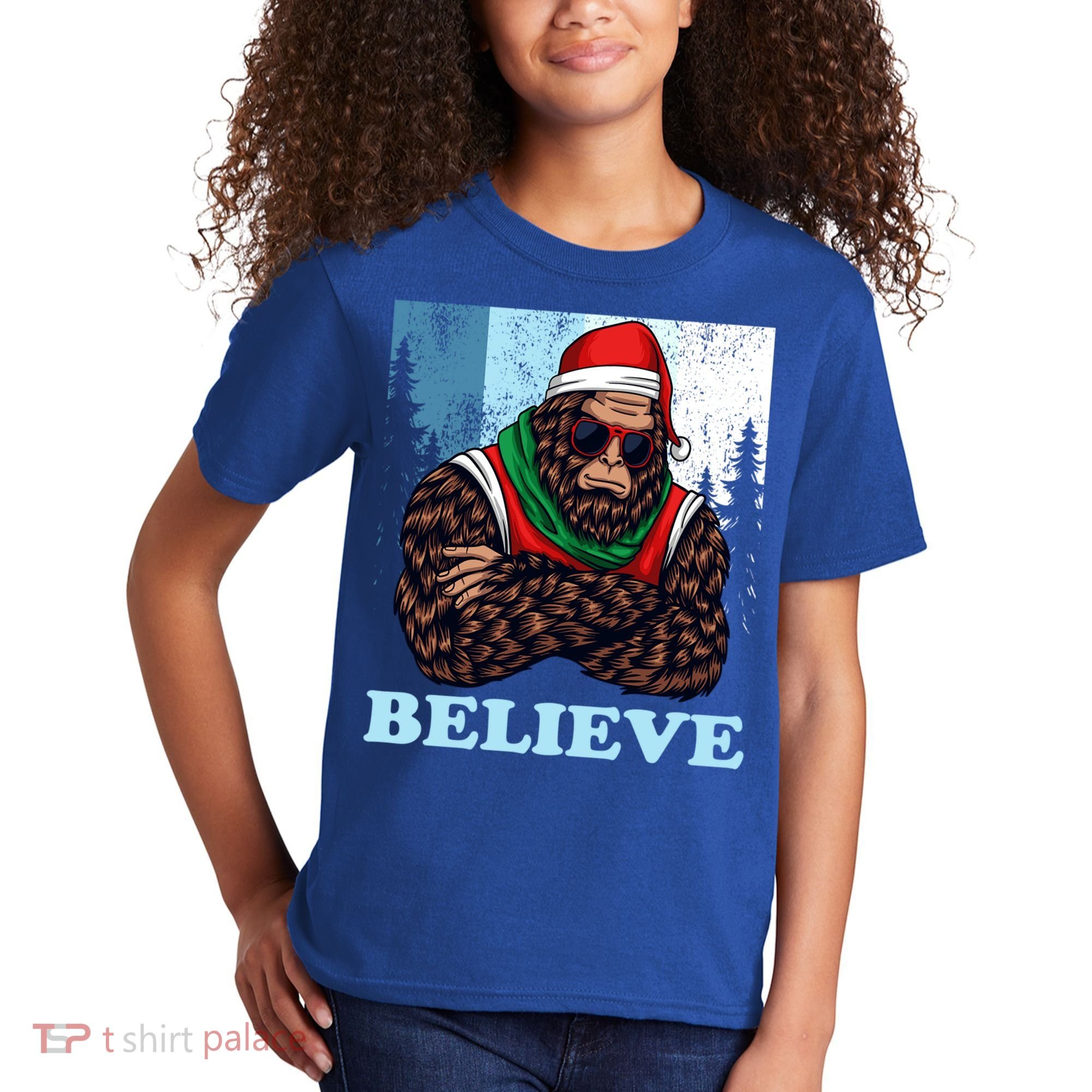 Bigfoot Believe In Christmas Sasquatch Funny Xmas Gift Kids T-Shirt