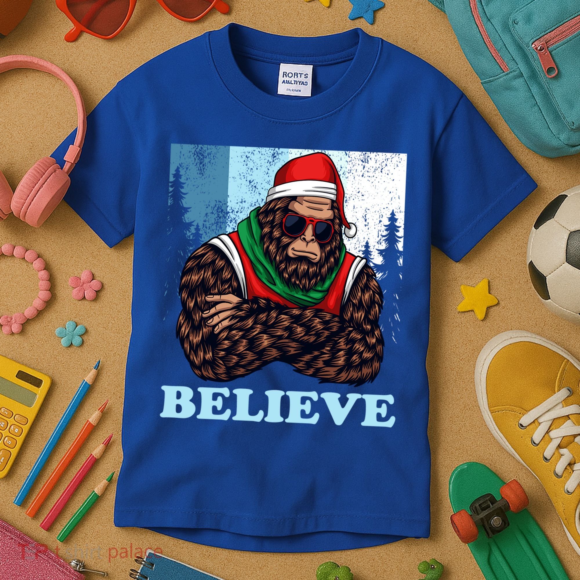 Bigfoot Believe In Christmas Sasquatch Funny Xmas Gift Kids T-Shirt
