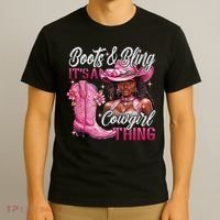 Boots & Bling Its A Cowgirl Thing Pi.nk Black Cowgirl Melanin T-Shirt thumb 3
