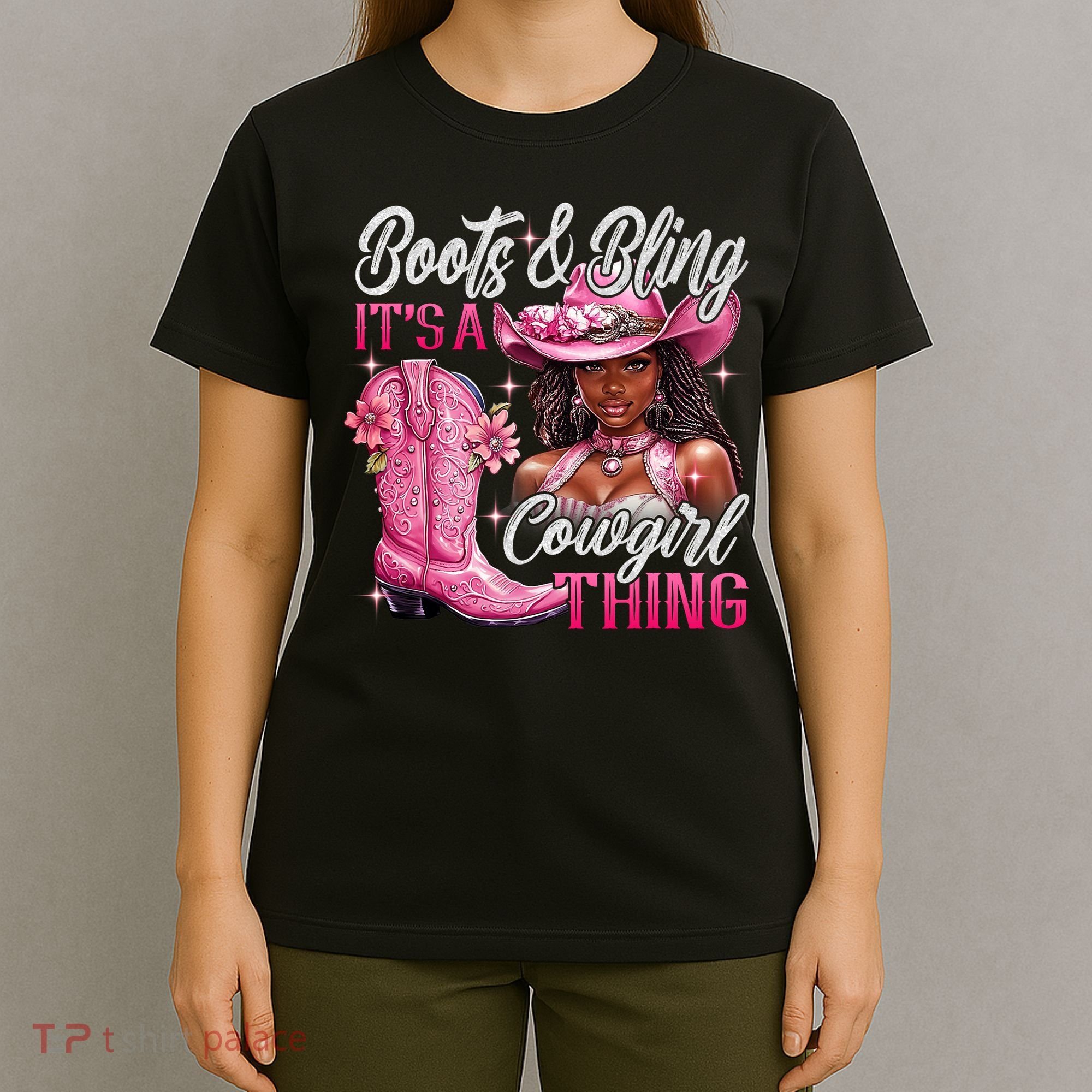 Boots & Bling Its A Cowgirl Thing Pi.nk Black Cowgirl Melanin T-Shirt