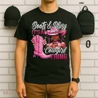 Boots & Bling Its A Cowgirl Thing Pi.nk Black Cowgirl Melanin T-Shirt thumb 6