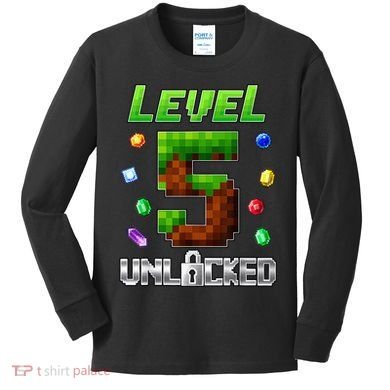 Birthday Boy Level 5 Unlocked 5th Birthday Game Pixel Kids Long Sleeve Shirt