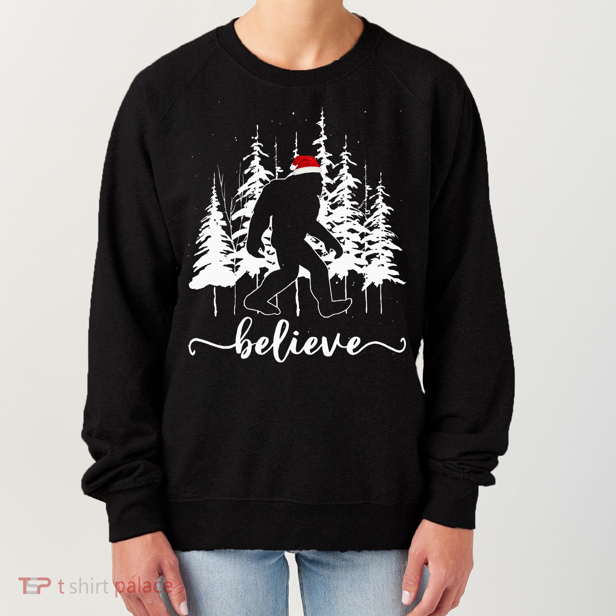 Believe Bigfoot Light Santa Squatch Christmas Tree Pajamas Women's Sweatshirt