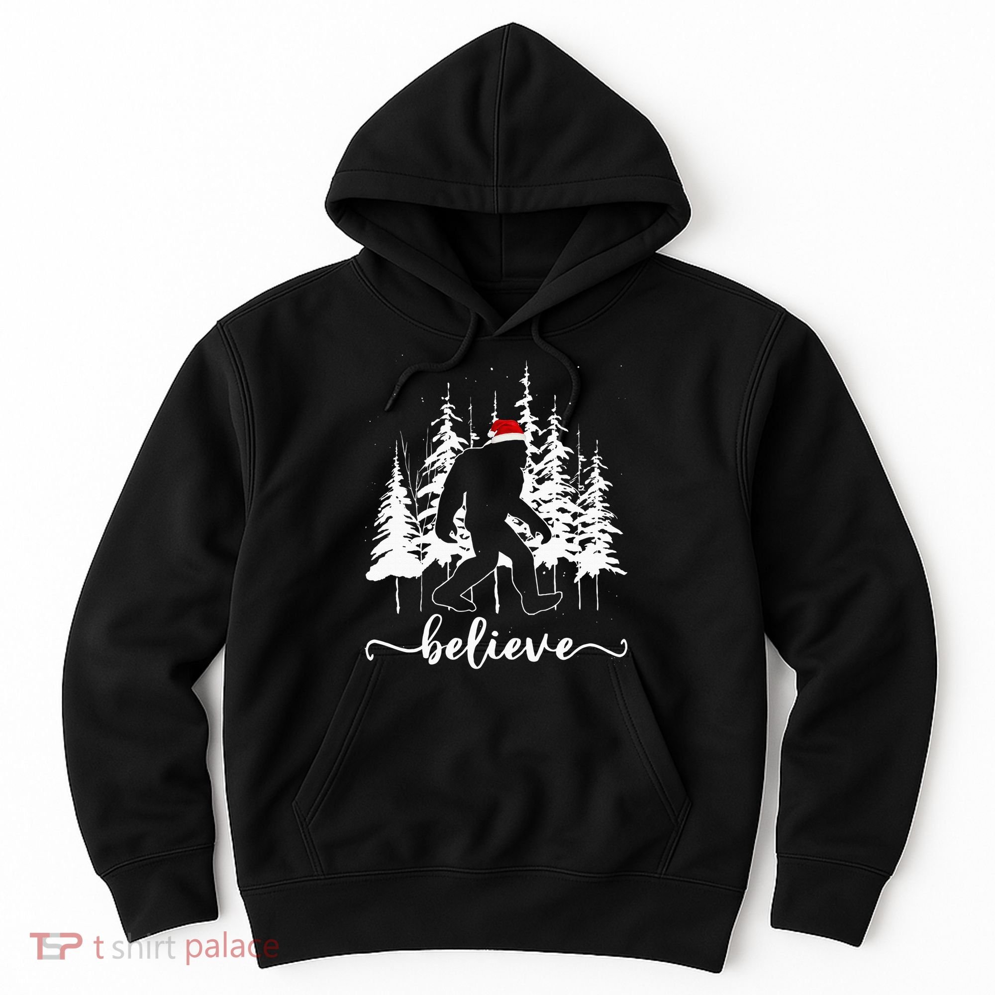 Believe Bigfoot Light Santa Squatch Christmas Tree Pajamas Hoodie