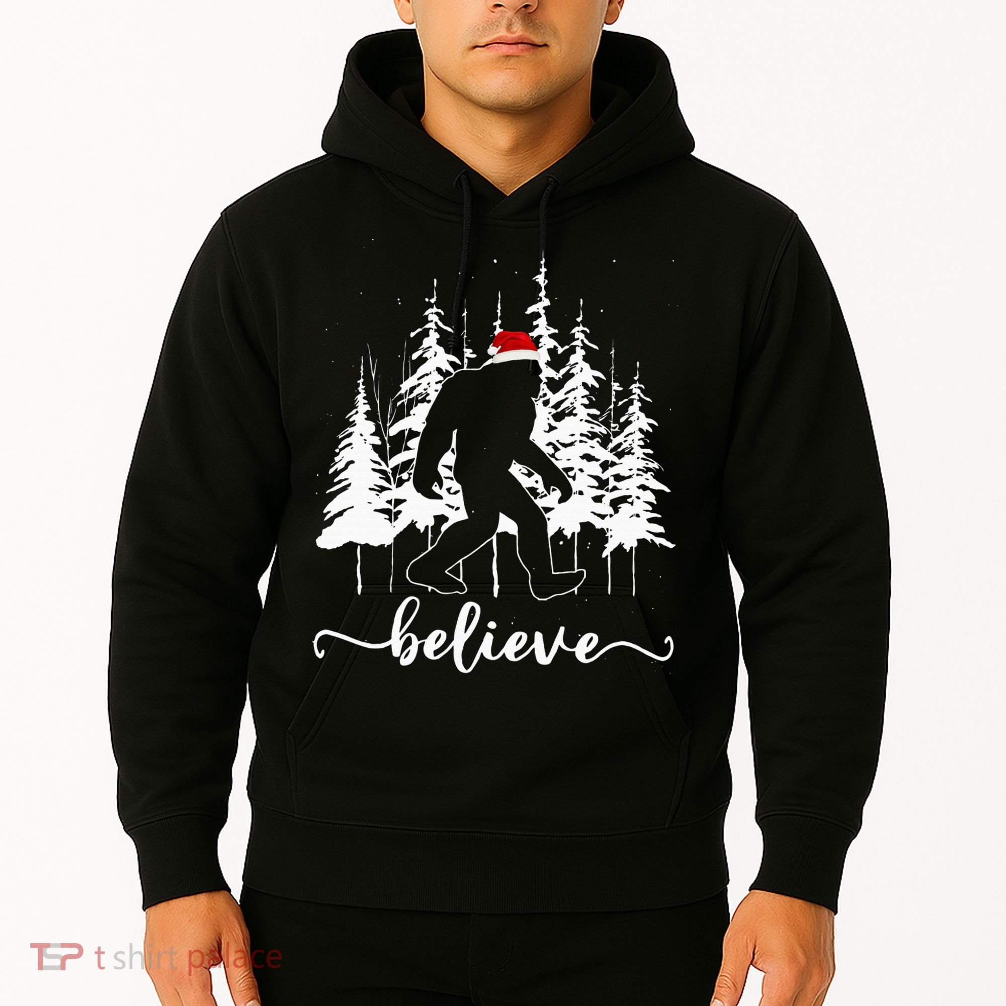 Believe Bigfoot Light Santa Squatch Christmas Tree Pajamas Hoodie
