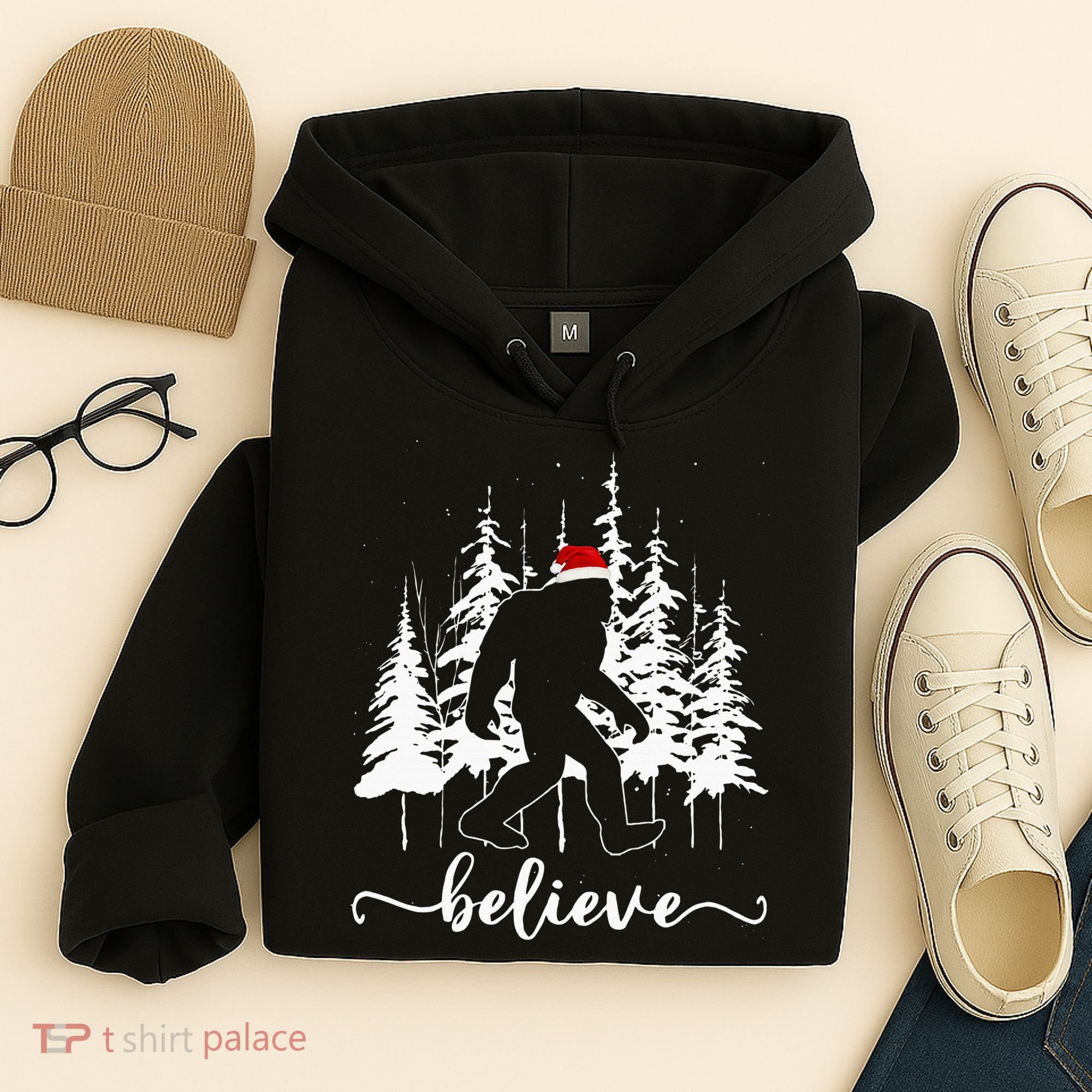 Believe Bigfoot Light Santa Squatch Christmas Tree Pajamas Hoodie