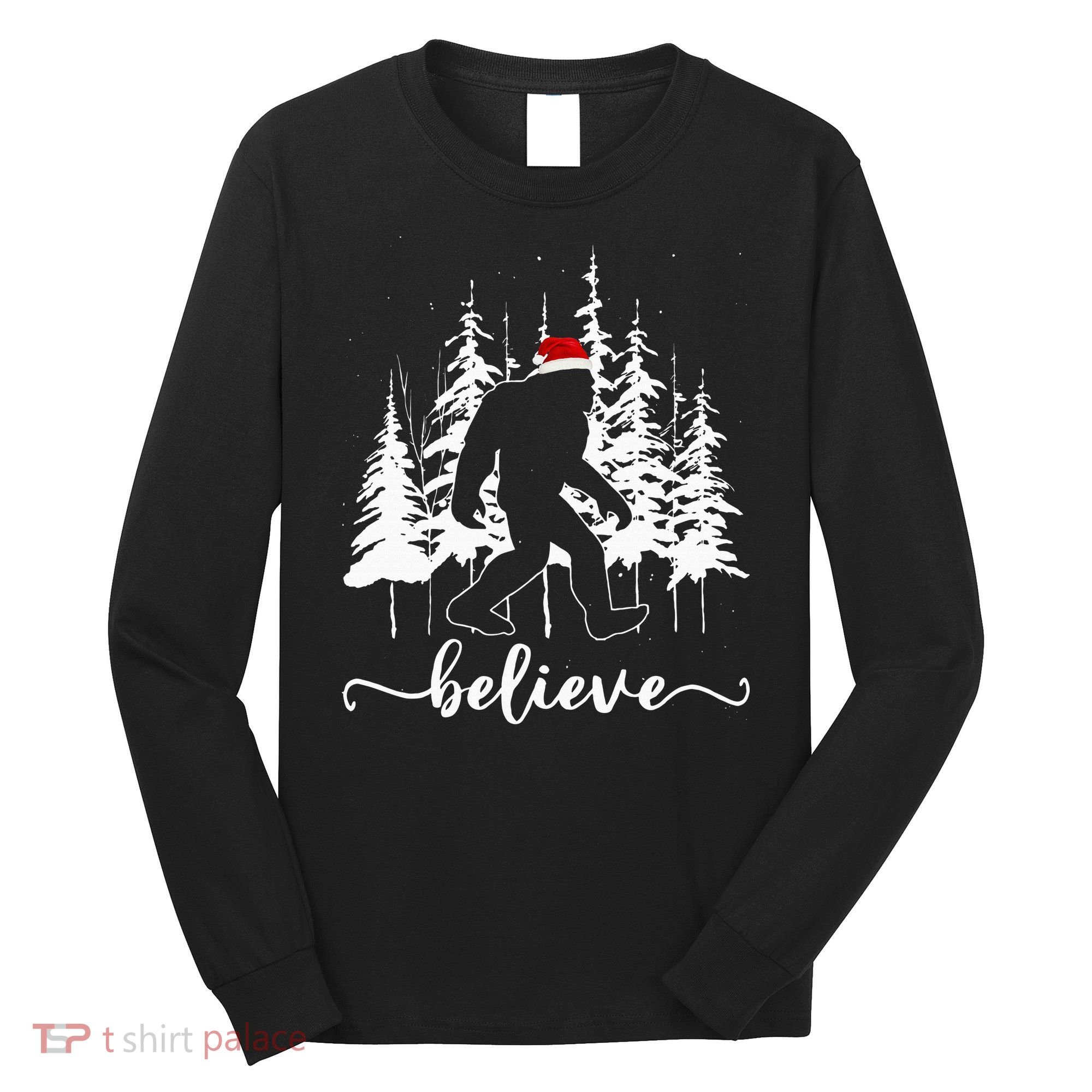 Believe Bigfoot Light Santa Squatch Christmas Tree Pajamas Long Sleeve Shirt