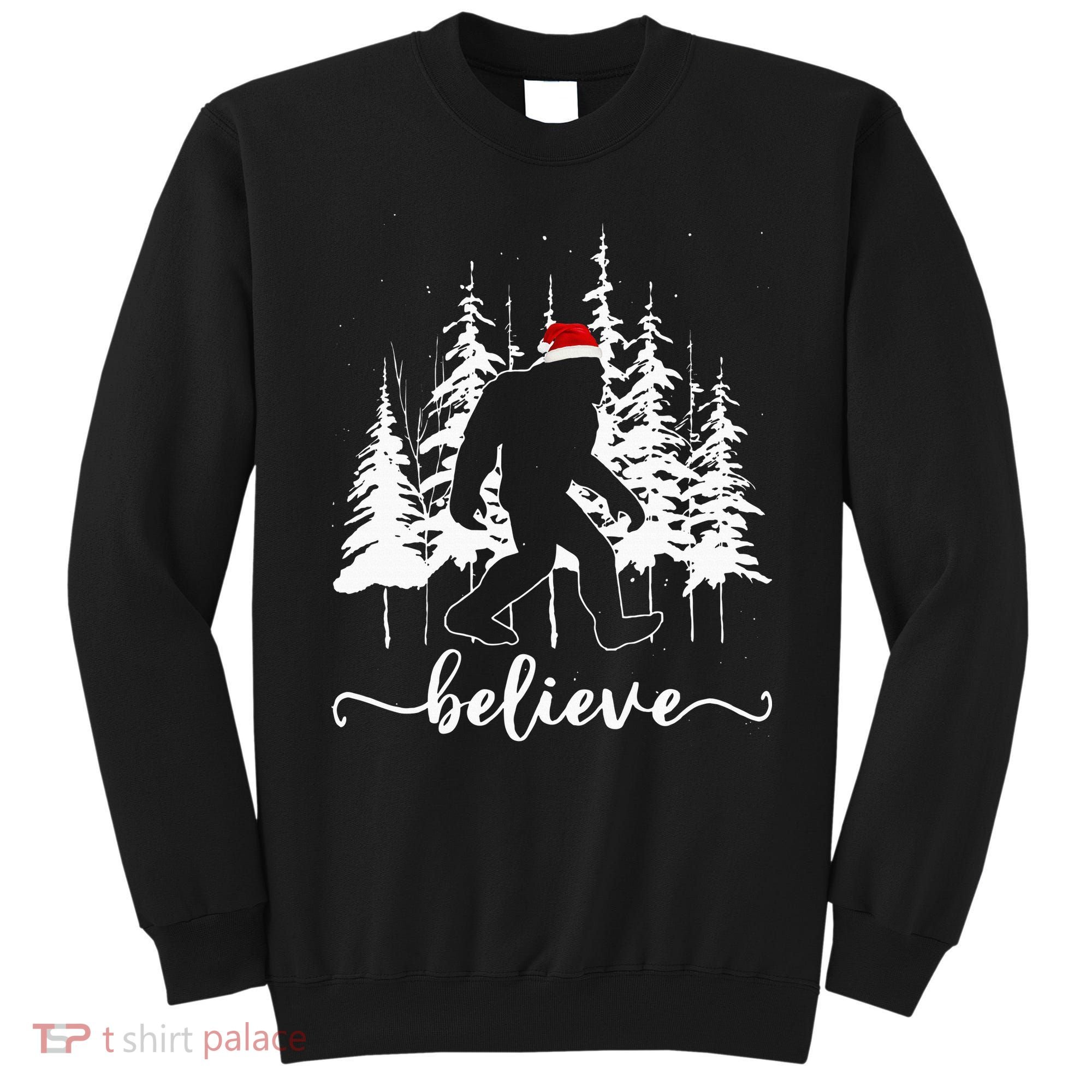 Believe Bigfoot Light Santa Squatch Christmas Tree Pajamas Sweatshirt