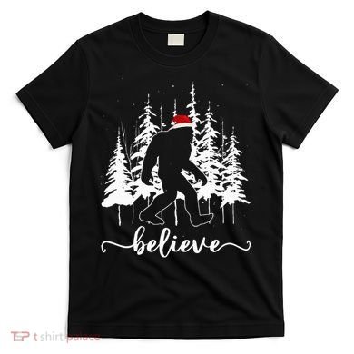 Believe Bigfoot Light Santa Squatch Christmas Tree Pajamas T-Shirt