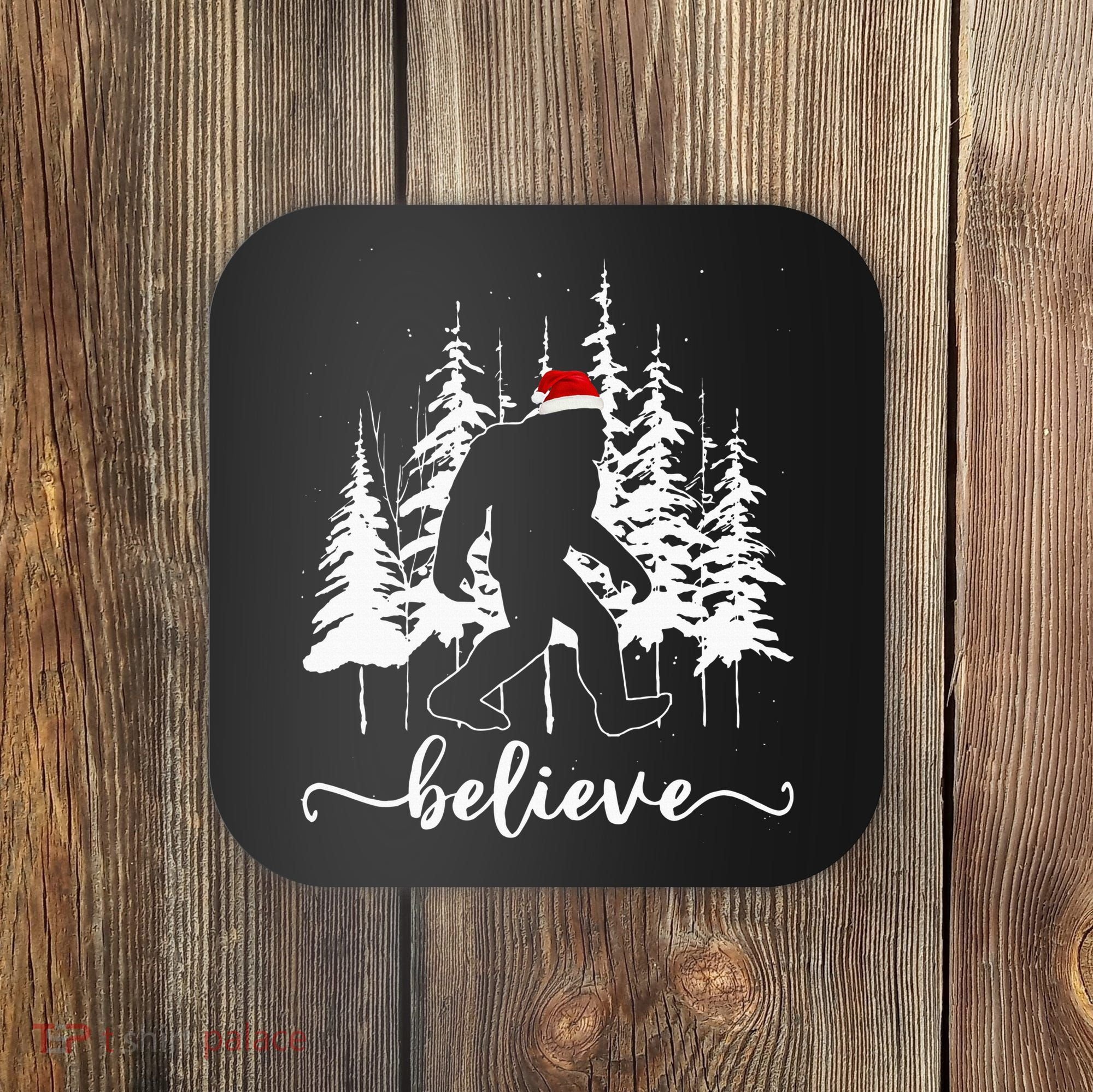 Believe Bigfoot Light Santa Squatch Christmas Tree Pajamas Coaster