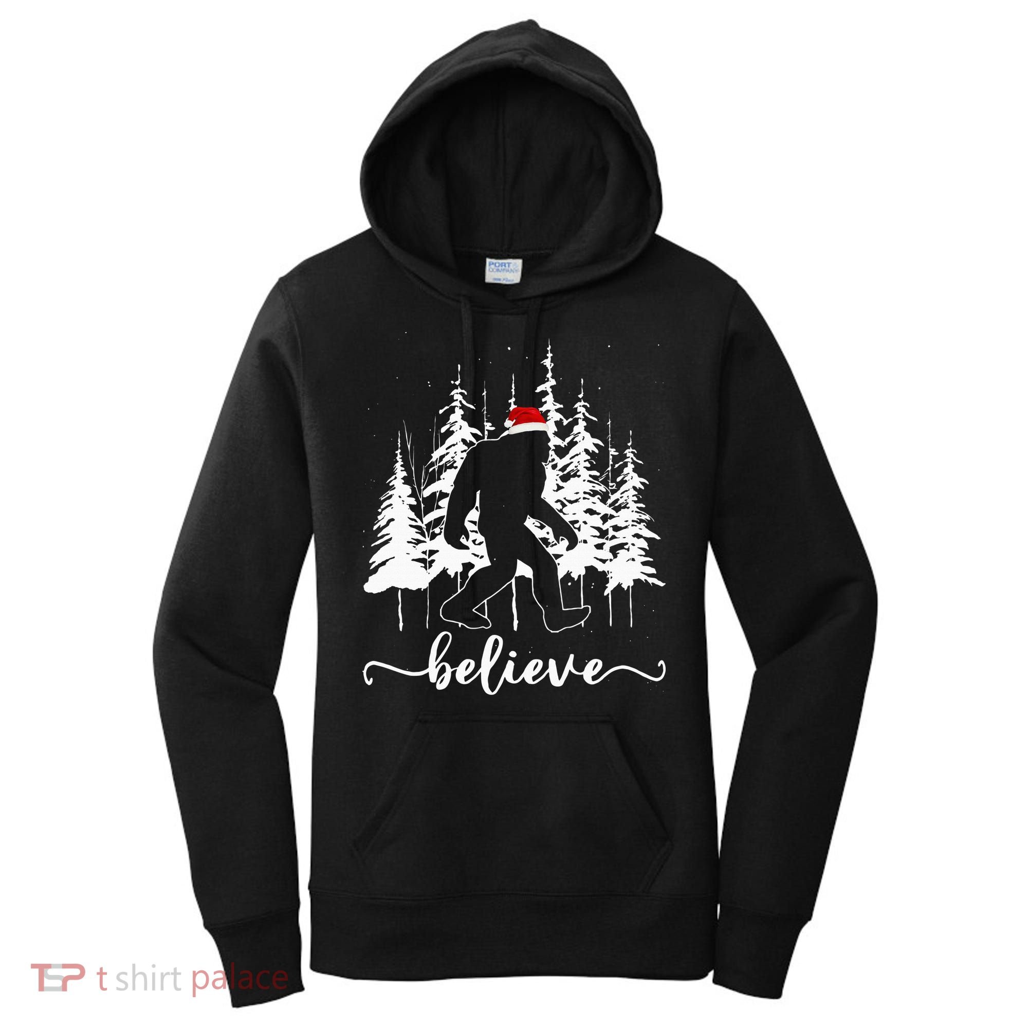 Believe Bigfoot Light Santa Squatch Christmas Tree Pajamas Women's Hoodie