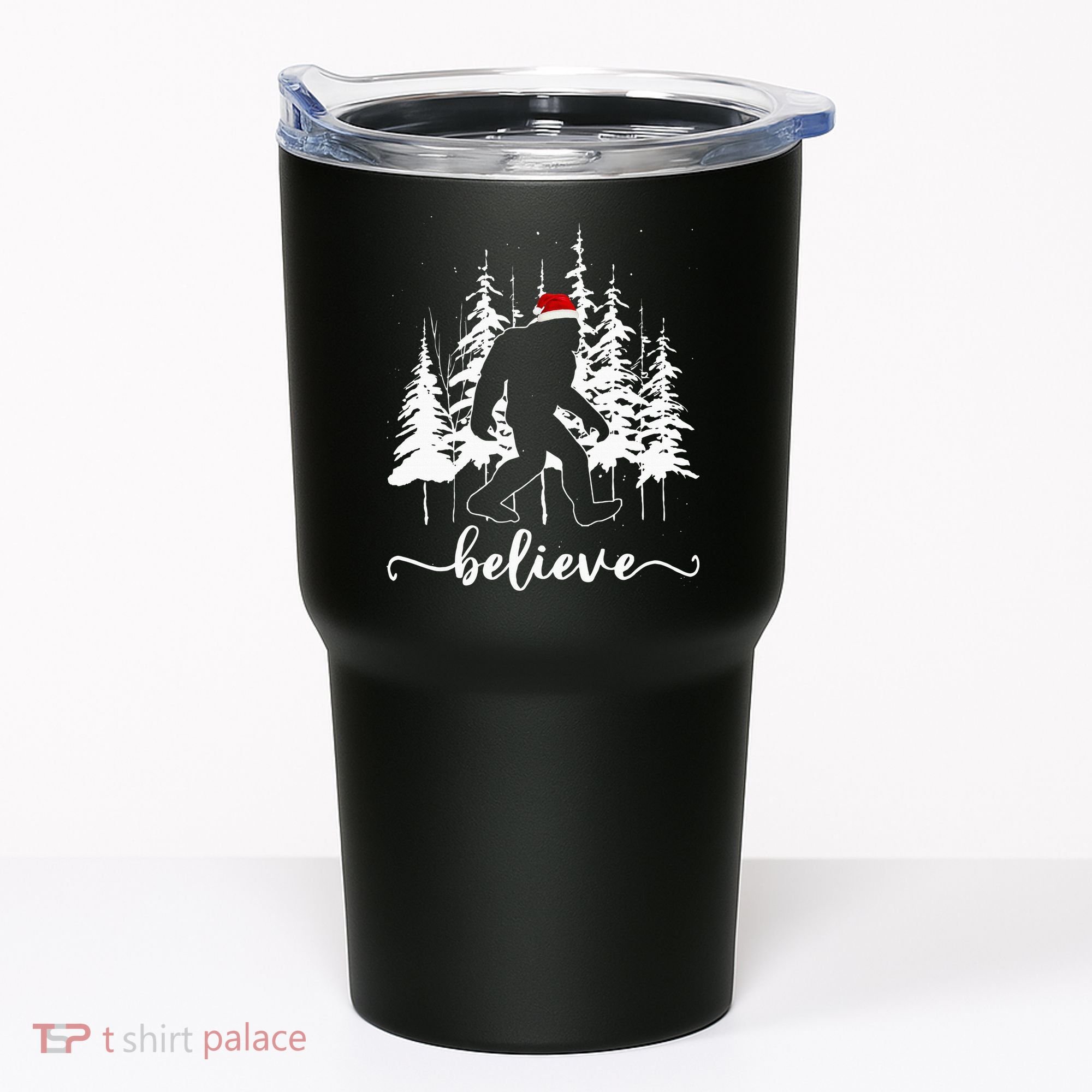 Believe Bigfoot Light Santa Squatch Christmas Tree Pajamas Tumbler