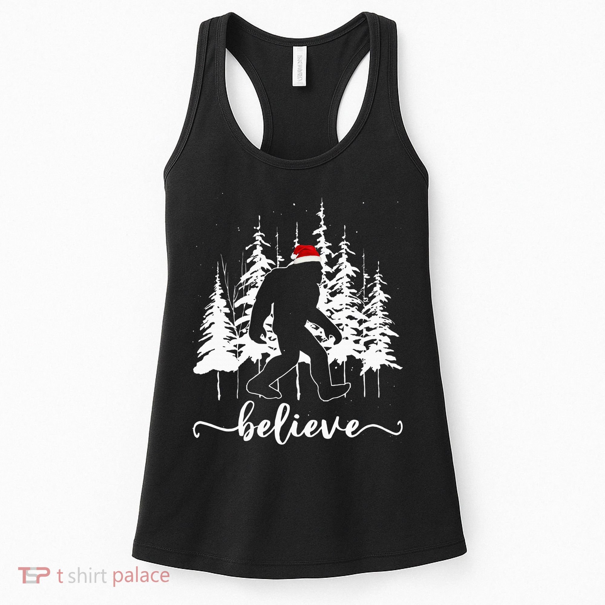 Believe Bigfoot Light Santa Squatch Christmas Tree Pajamas Women's Tank Top