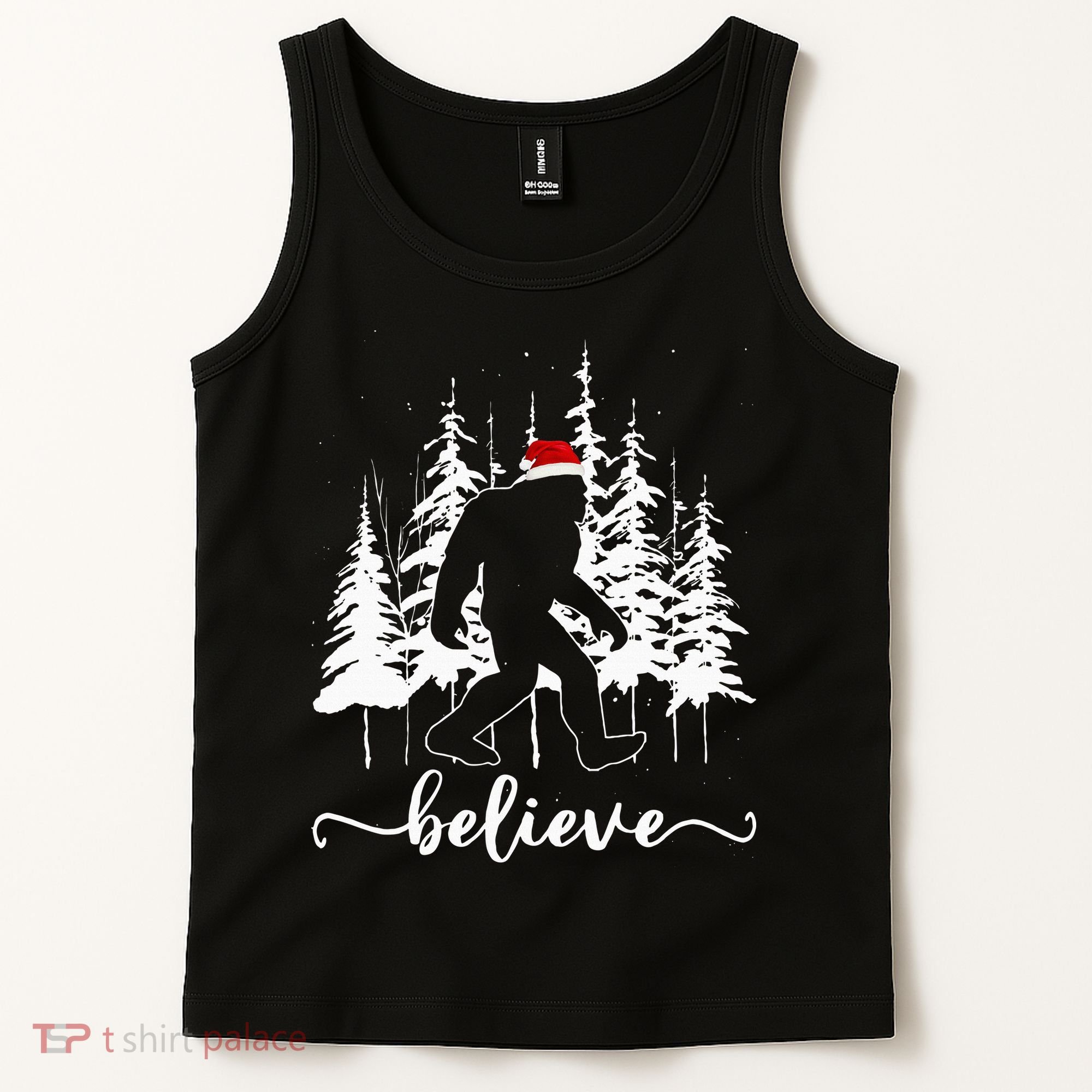 Believe Bigfoot Light Santa Squatch Christmas Tree Pajamas Tank Top