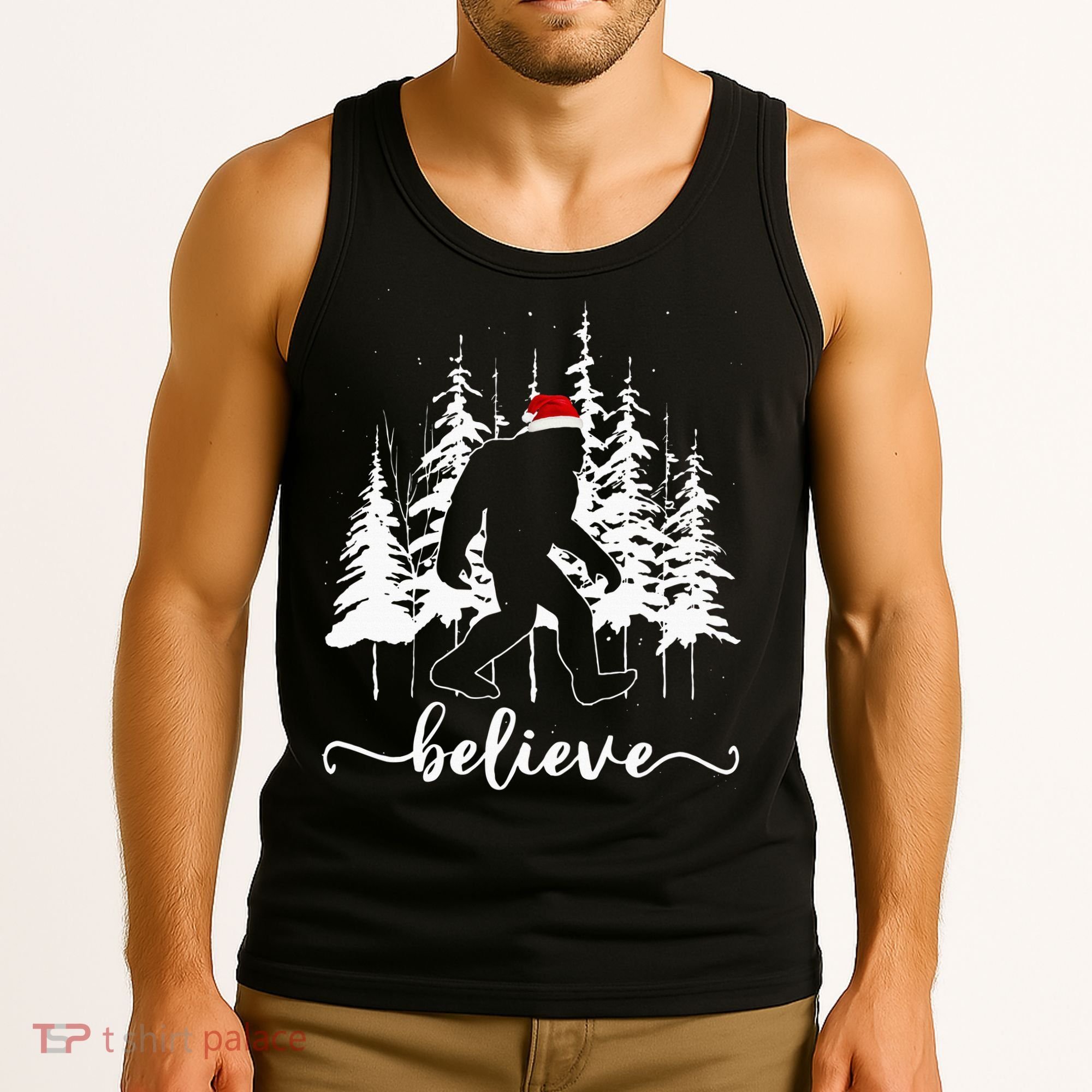 Believe Bigfoot Light Santa Squatch Christmas Tree Pajamas Tank Top