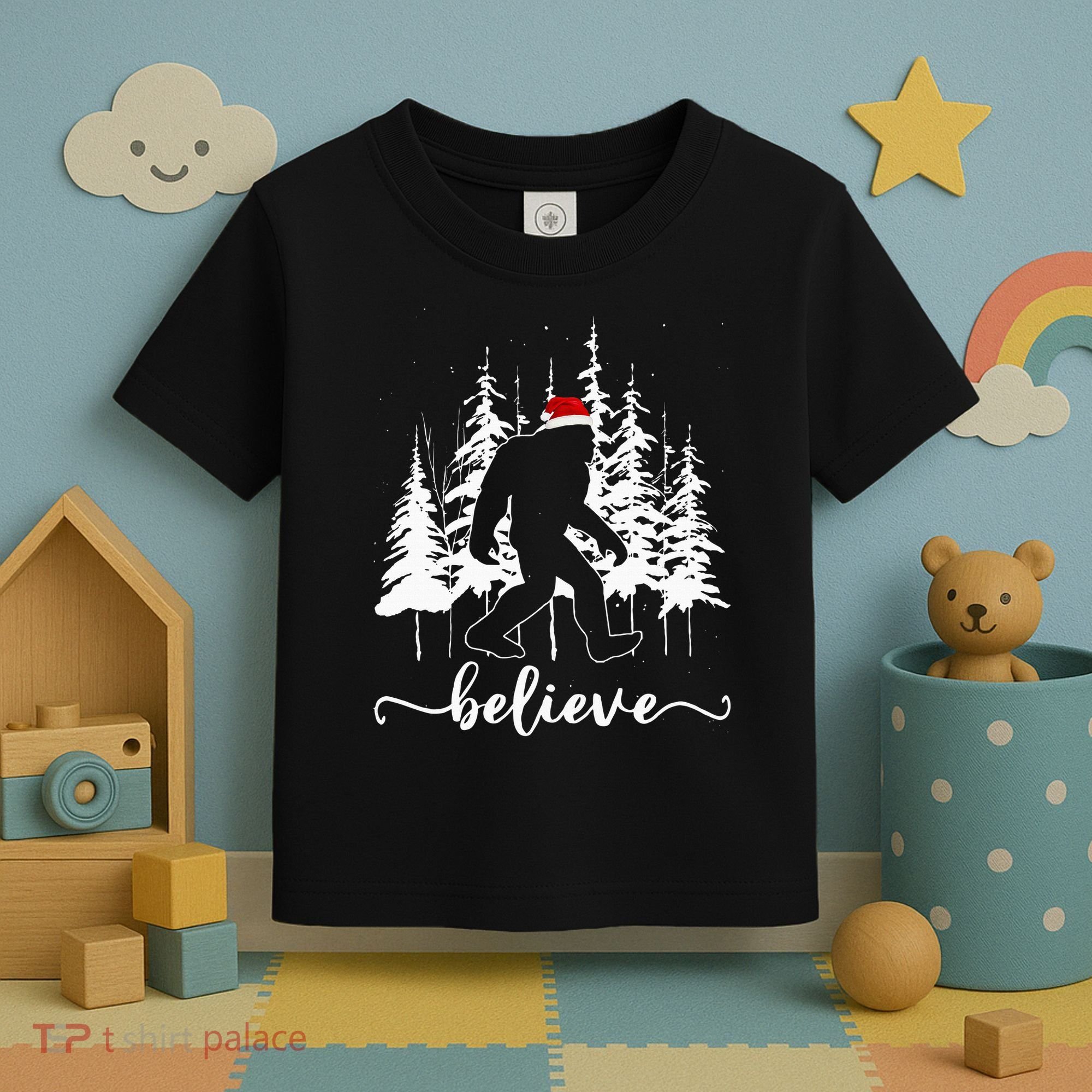 Believe Bigfoot Light Santa Squatch Christmas Tree Pajamas Toddler T-Shirt