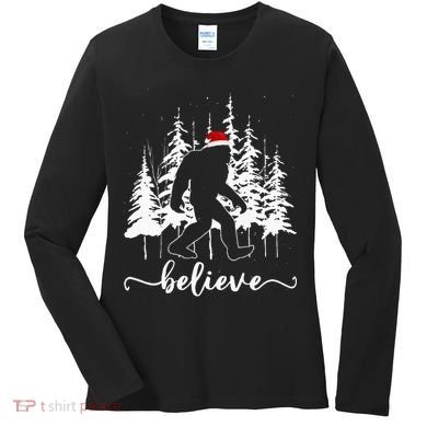 Believe Bigfoot Light Santa Squatch Christmas Tree Pajamas Women's Long Sleeve Shirt