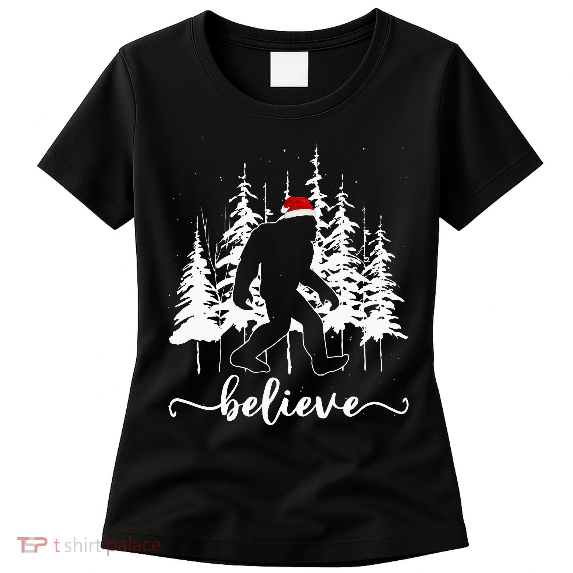 Believe Bigfoot Light Santa Squatch Christmas Tree Pajamas Women's T-Shirt