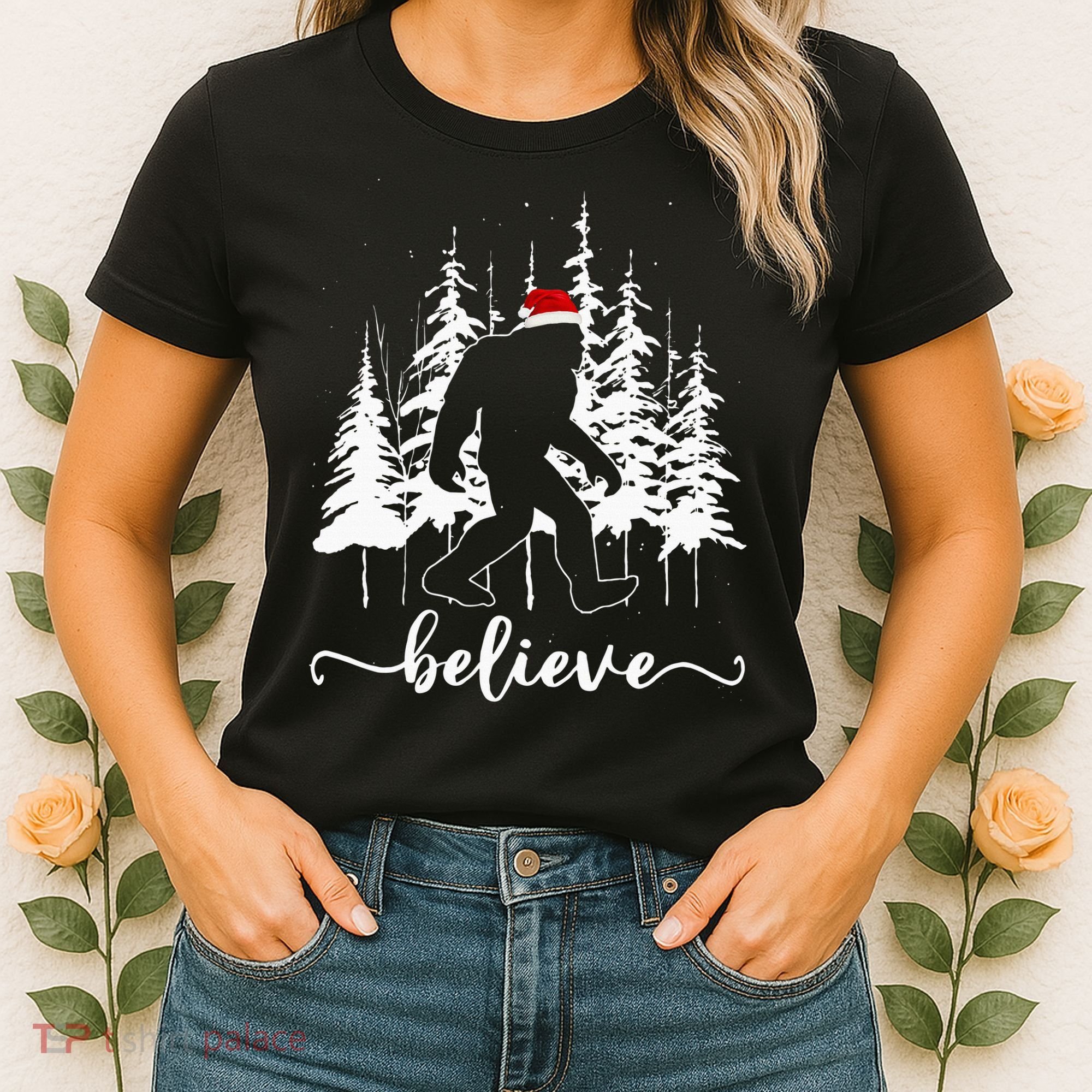 Believe Bigfoot Light Santa Squatch Christmas Tree Pajamas Women's T-Shirt