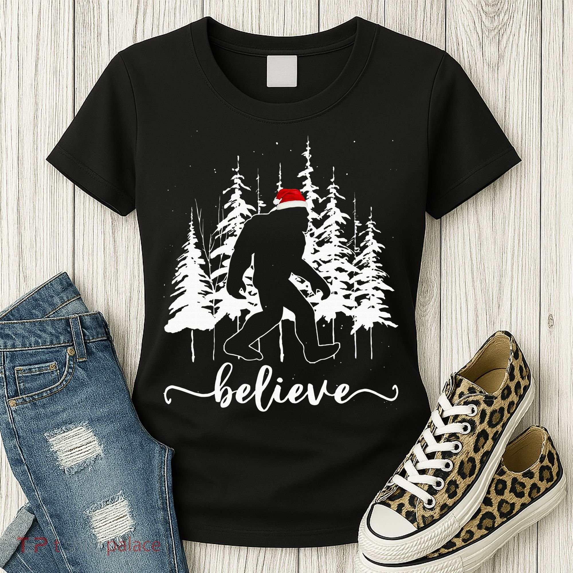 Believe Bigfoot Light Santa Squatch Christmas Tree Pajamas Women's T-Shirt