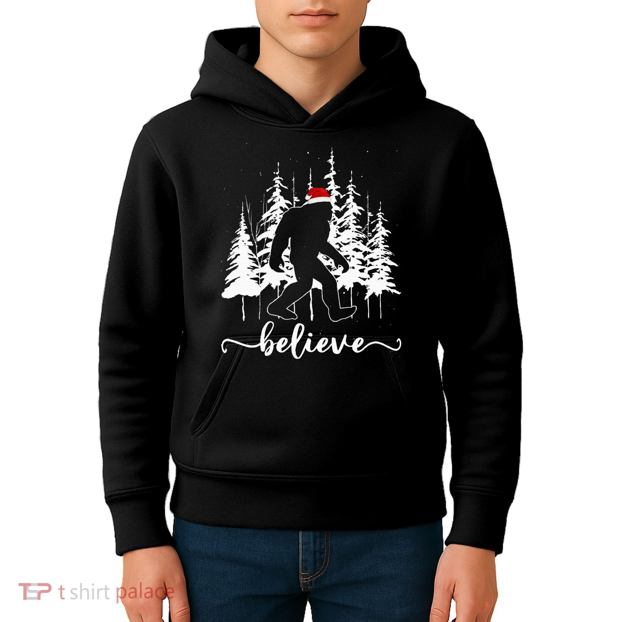 Believe Bigfoot Light Santa Squatch Christmas Tree Pajamas Kids Hoodie