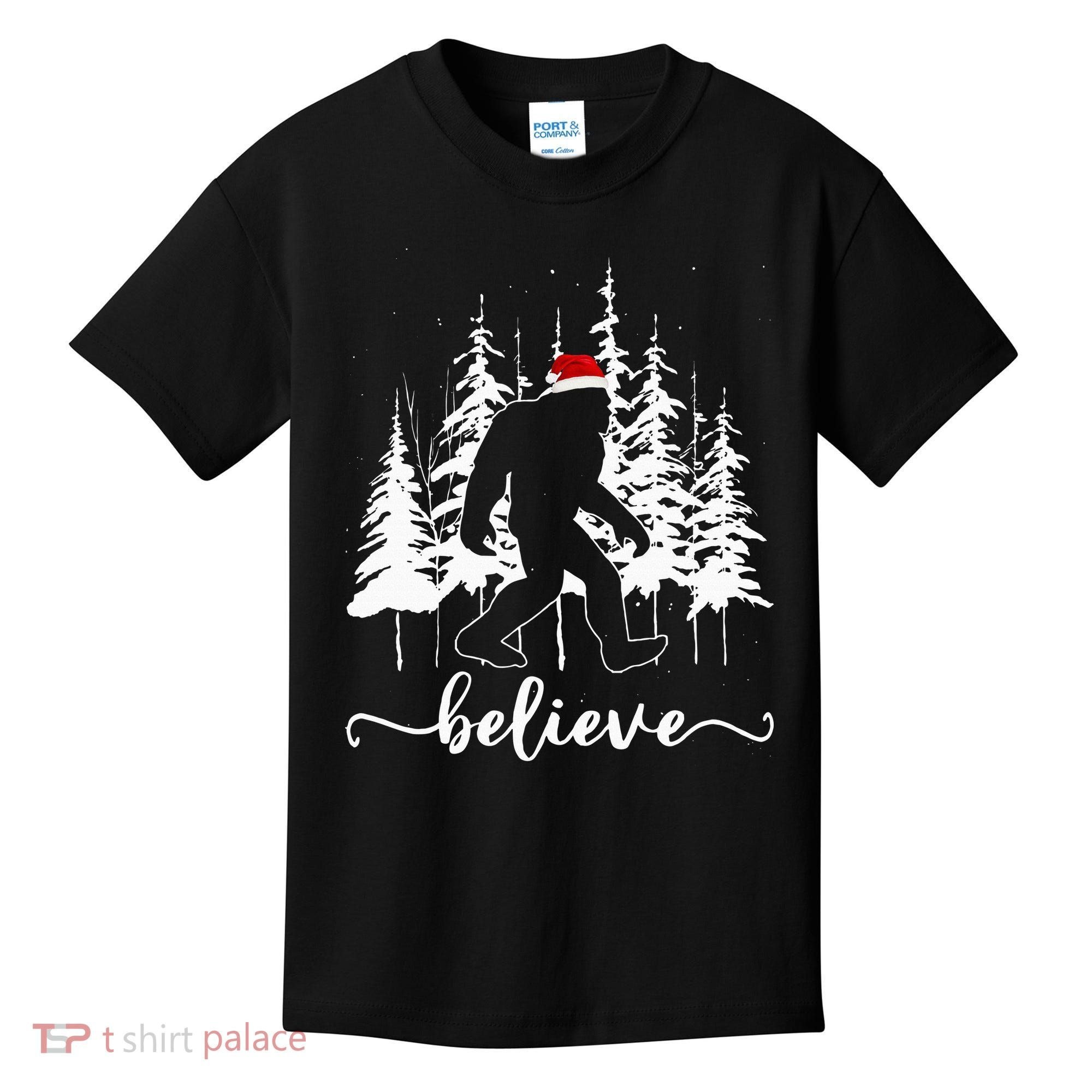 Believe Bigfoot Light Santa Squatch Christmas Tree Pajamas Kids T-Shirt