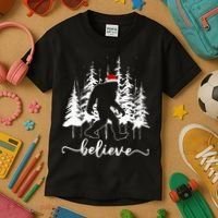 Believe Bigfoot Light Santa Squatch Christmas Tree Pajamas Kids T-Shirt thumb 3