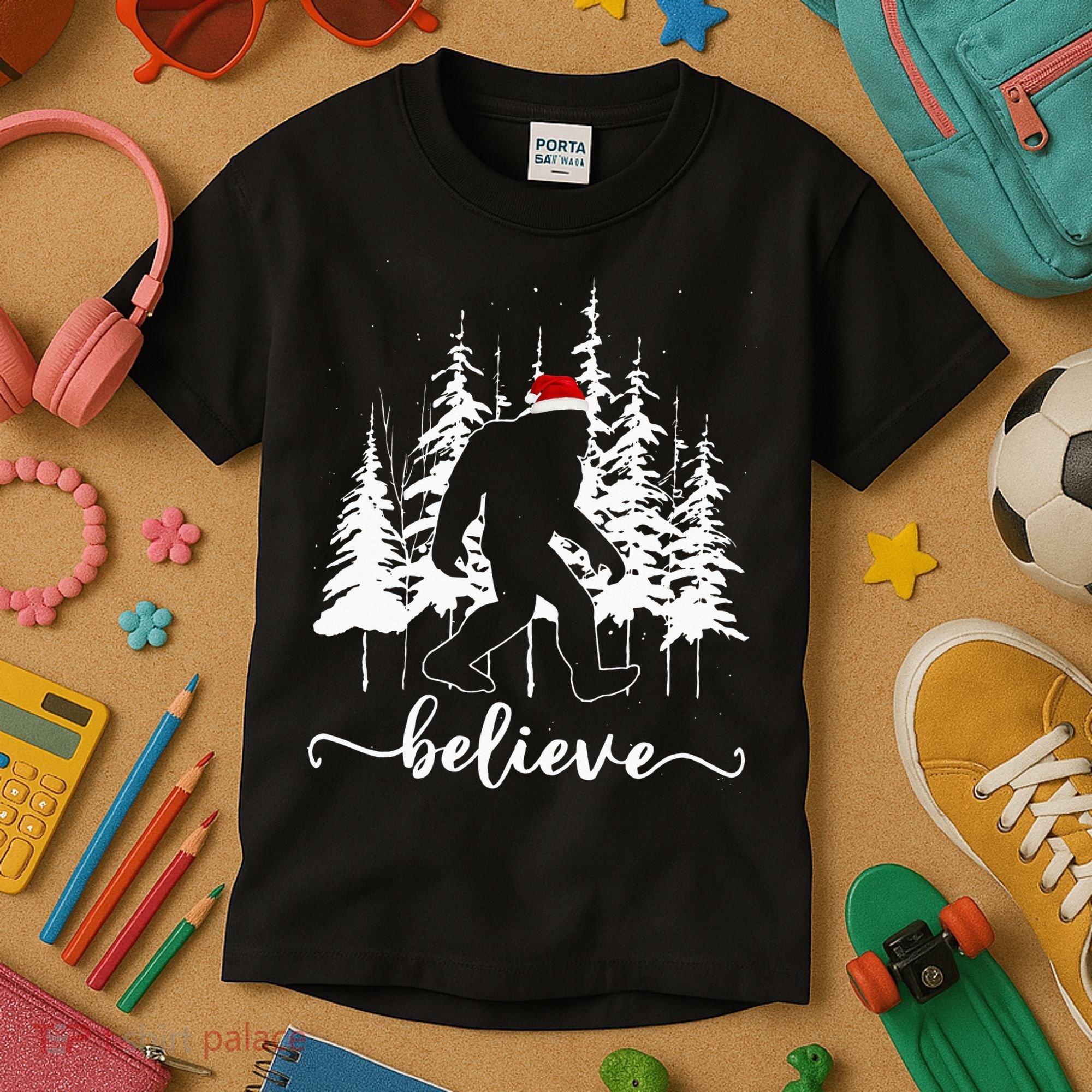 Believe Bigfoot Light Santa Squatch Christmas Tree Pajamas Kids T-Shirt