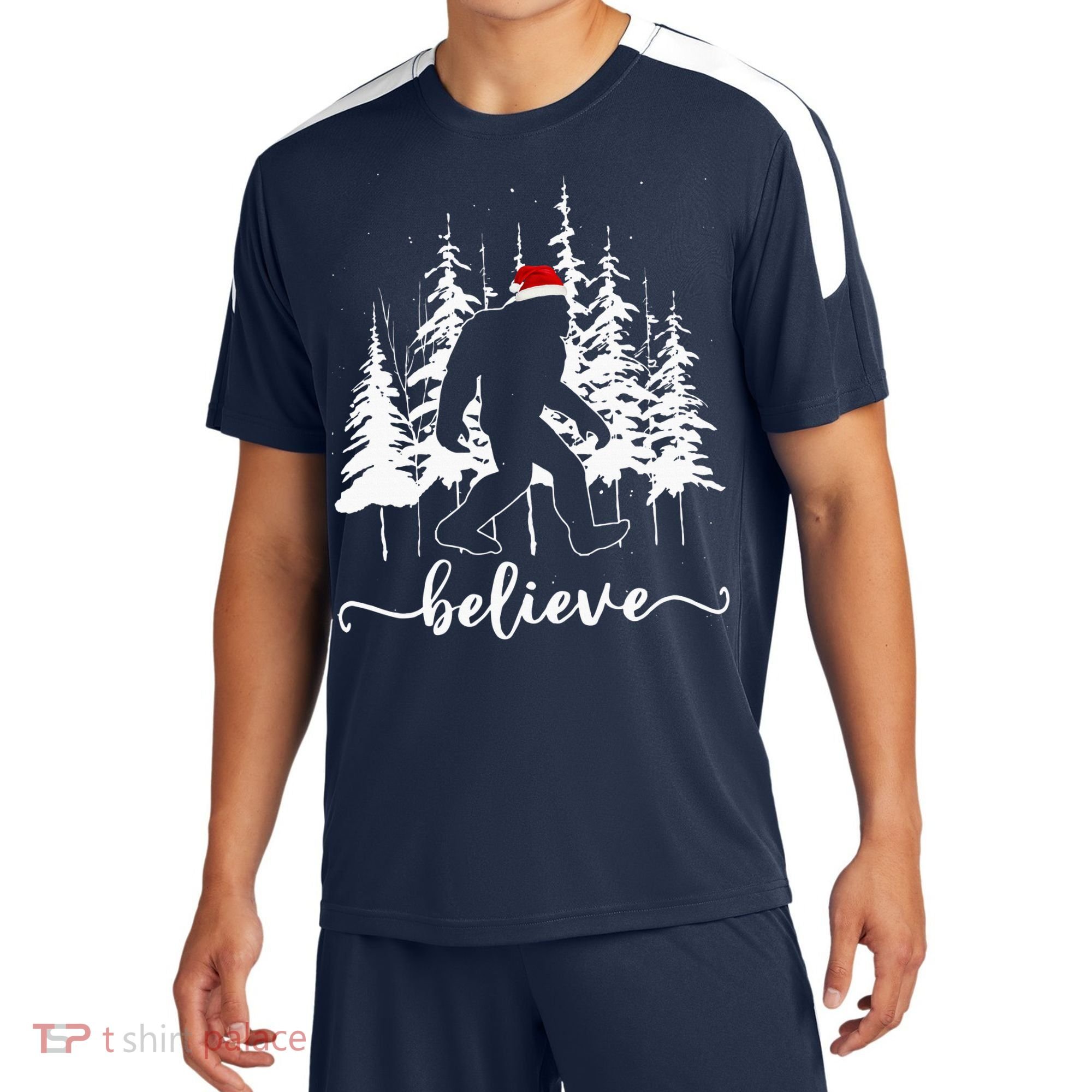 Believe Bigfoot Light Santa Squatch Christmas Tree Pajamas Sport-Tek Competitor United Soccer Jersey