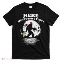 Bigfoot Bass Night Fishing! Here Fishy Bassquatch Sasquatch T-Shirt thumb 0