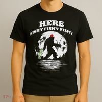 Bigfoot Bass Night Fishing! Here Fishy Bassquatch Sasquatch T-Shirt thumb 3