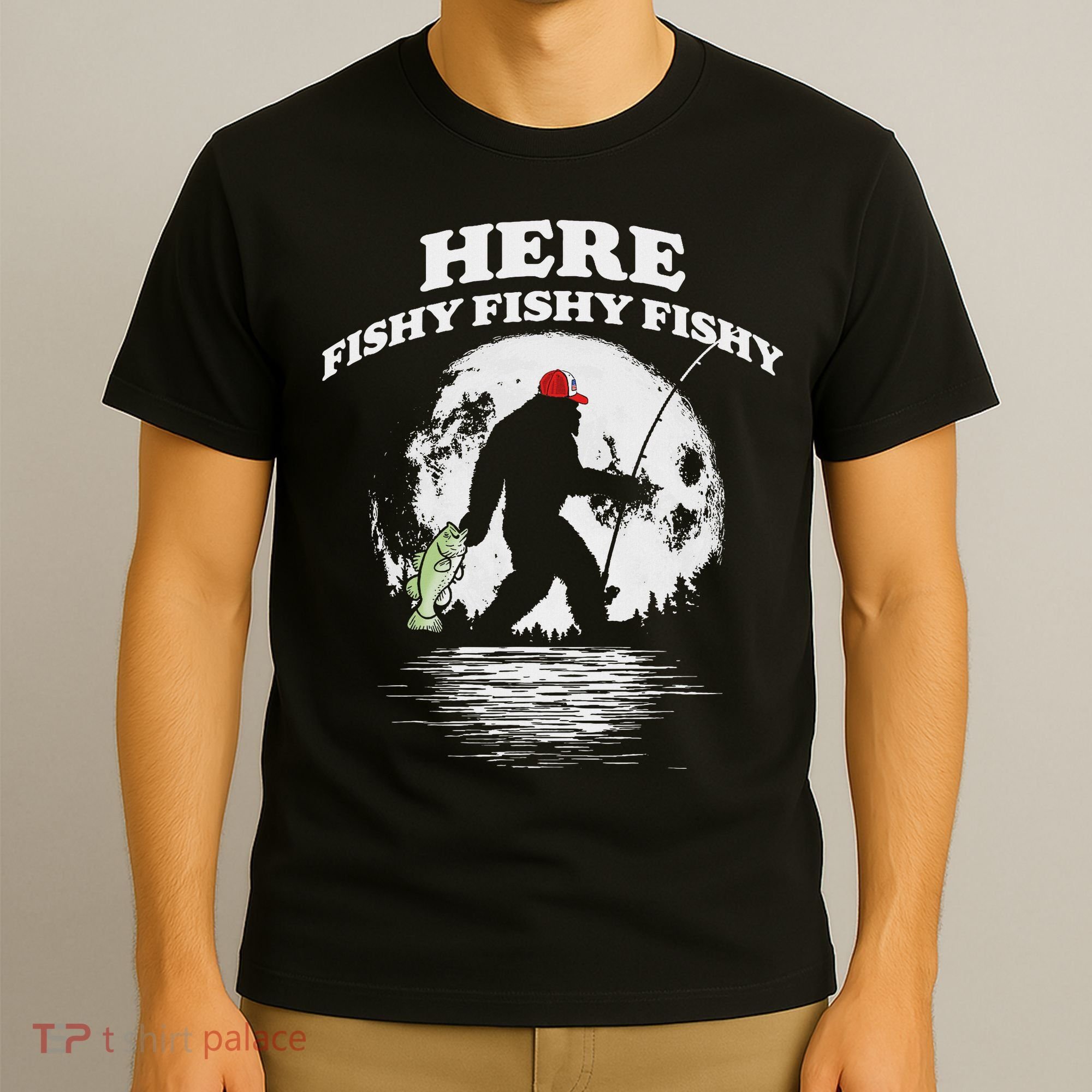 Bigfoot Bass Night Fishing! Here Fishy Bassquatch Sasquatch T-Shirt