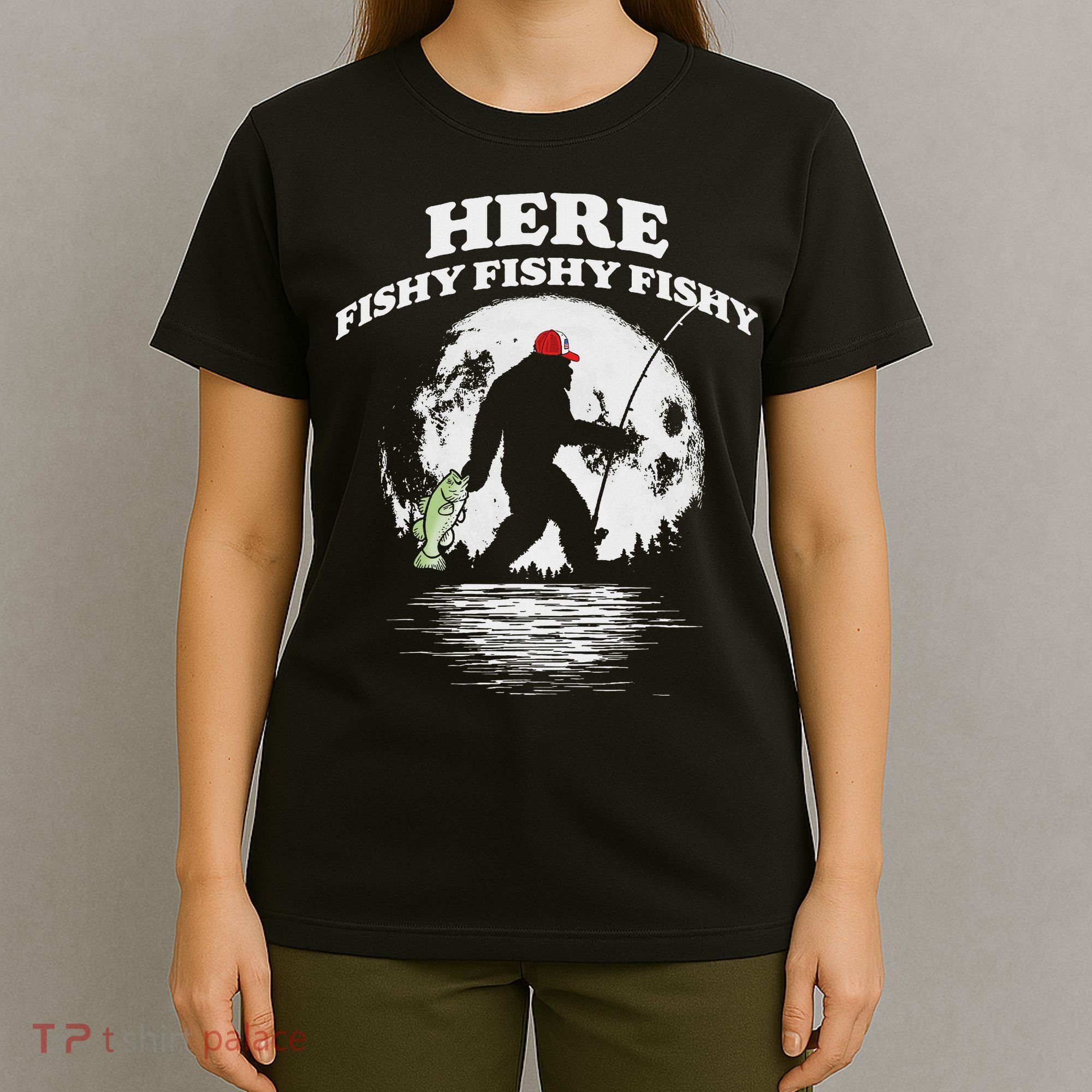 Bigfoot Bass Night Fishing! Here Fishy Bassquatch Sasquatch T-Shirt